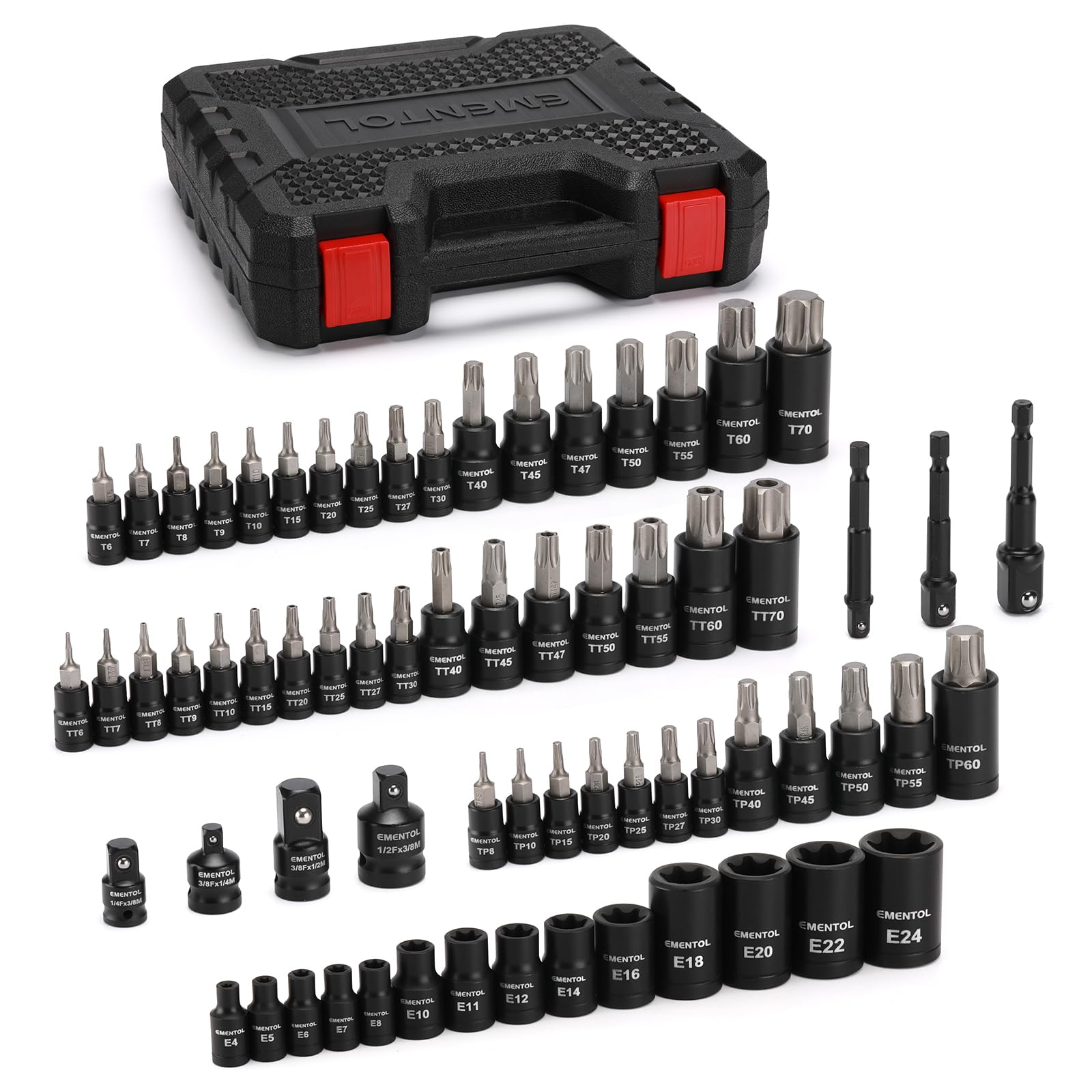 EMENTOL Juego de 67 llaves de vaso Torx de 1/10.2 cm 3/20.3 cm 1/5.1 cm, T6-T70, TT6-TT70, E4-E24, incluye adaptadores de enchufe, adaptadores de taladro, juego de enchufes E-TORX, acero CR-V
