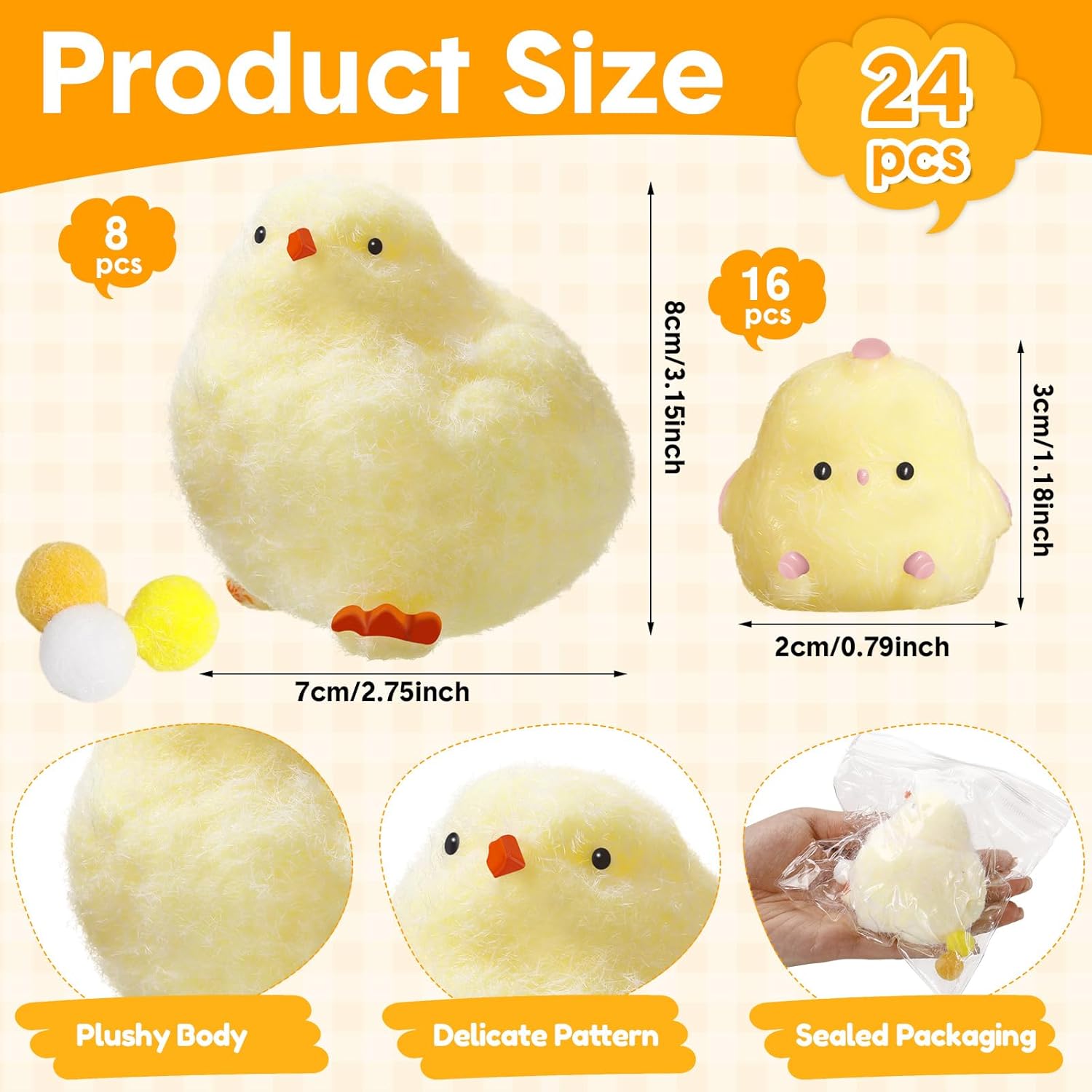 24 Pack Taba Chick Squeeze Bulk Handmade Ultra Soft Chicken Fidget Handmade 2 Size Sensory Soft Funny Chick Stress Relief Gifts for Adults Easter Stuffers