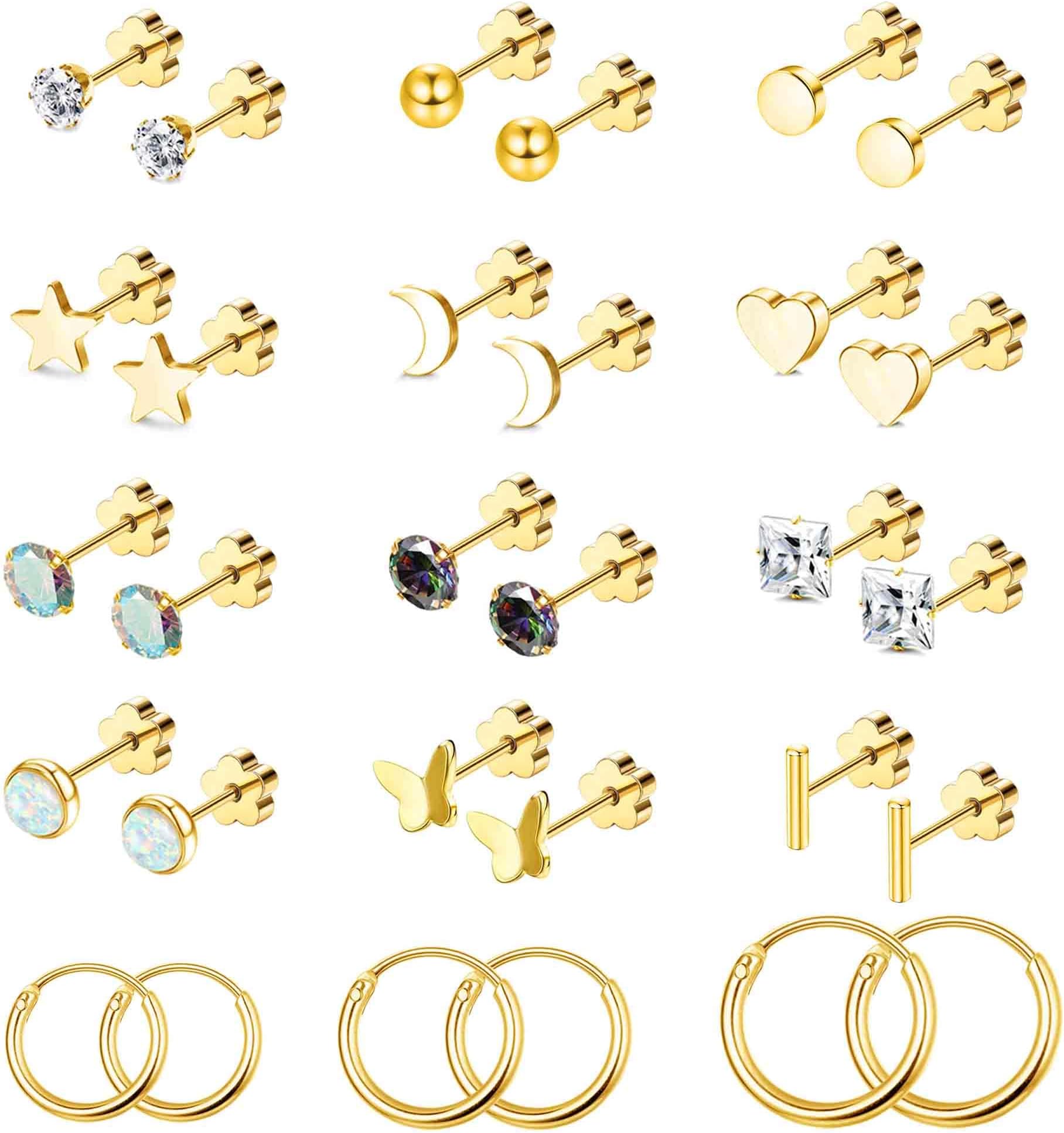 15 Pairs Surgical Steel Earrings for Women Men Flat Back Earrings Hypoallergenic Opal Ball CZ Hoop 20 Gauge Earrings Sets for Multiple Piercing Jewelry