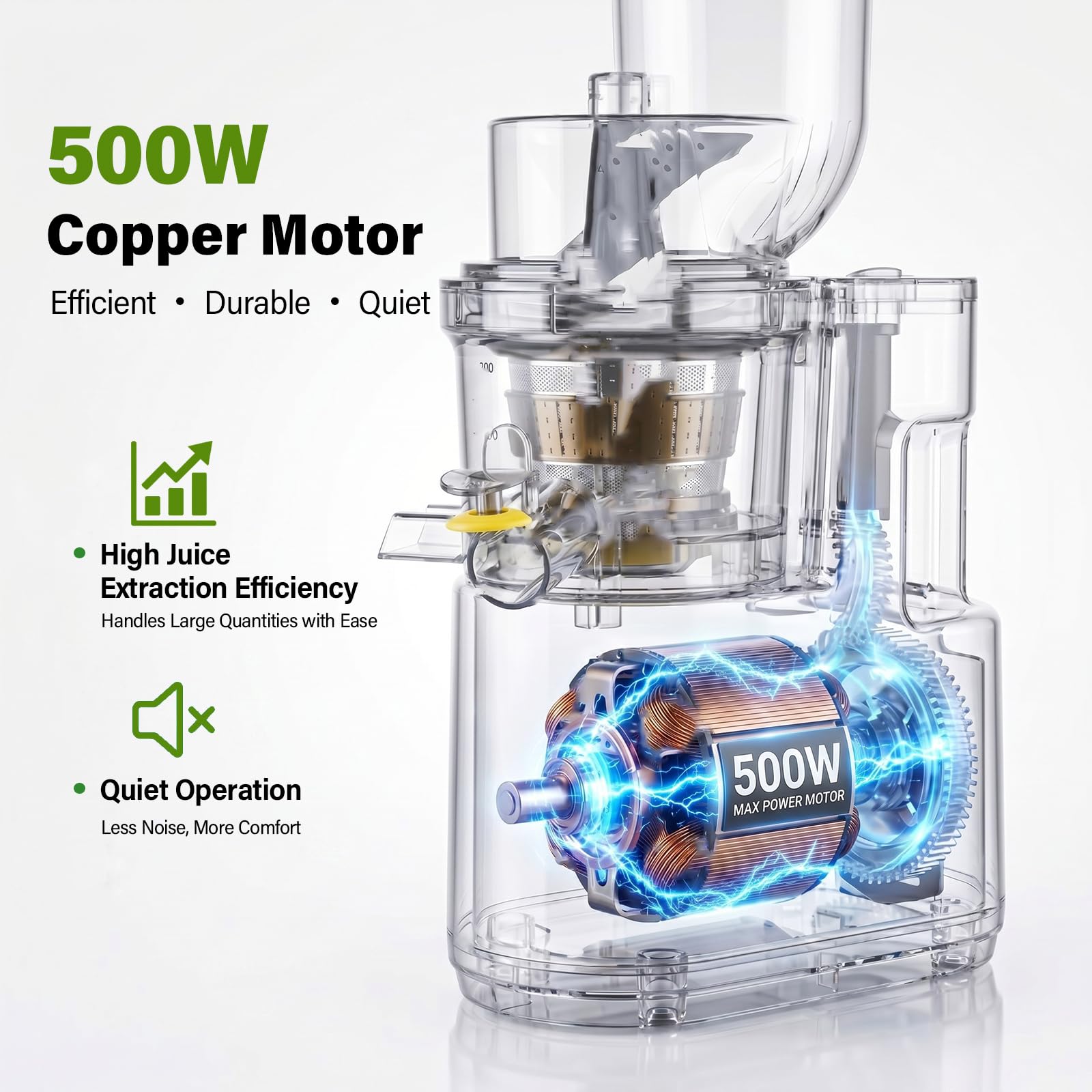 Slow Juicer 500W mit 170mm XXL Einfüllöffnung, Elektrischer Entsafter Kaltpress, BPA-frei, 3-Fach-Filtersystem, Leiser Obst- & Gemüseent­safter, Einfach zu Reinigen, Mit 2 Gläsern & Bürste