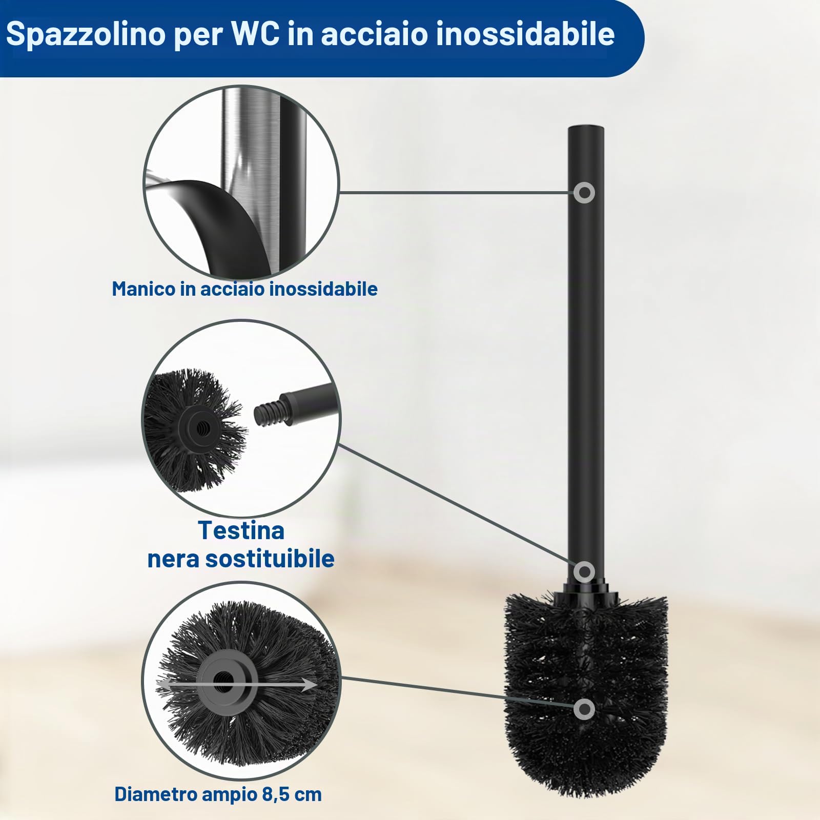 susswiff Porta carta igienica inox da appoggio con scopino - con scatola salviettine umidificate, ripiano in vetro (nero opaco)