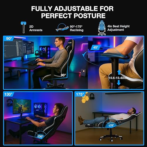 Vista 4 de Douxlife Silla de masaje para juegos de 7 puntos con reposapiés, silla ergonómica resistente de 400 libras, asiento de carreras de respaldo alto