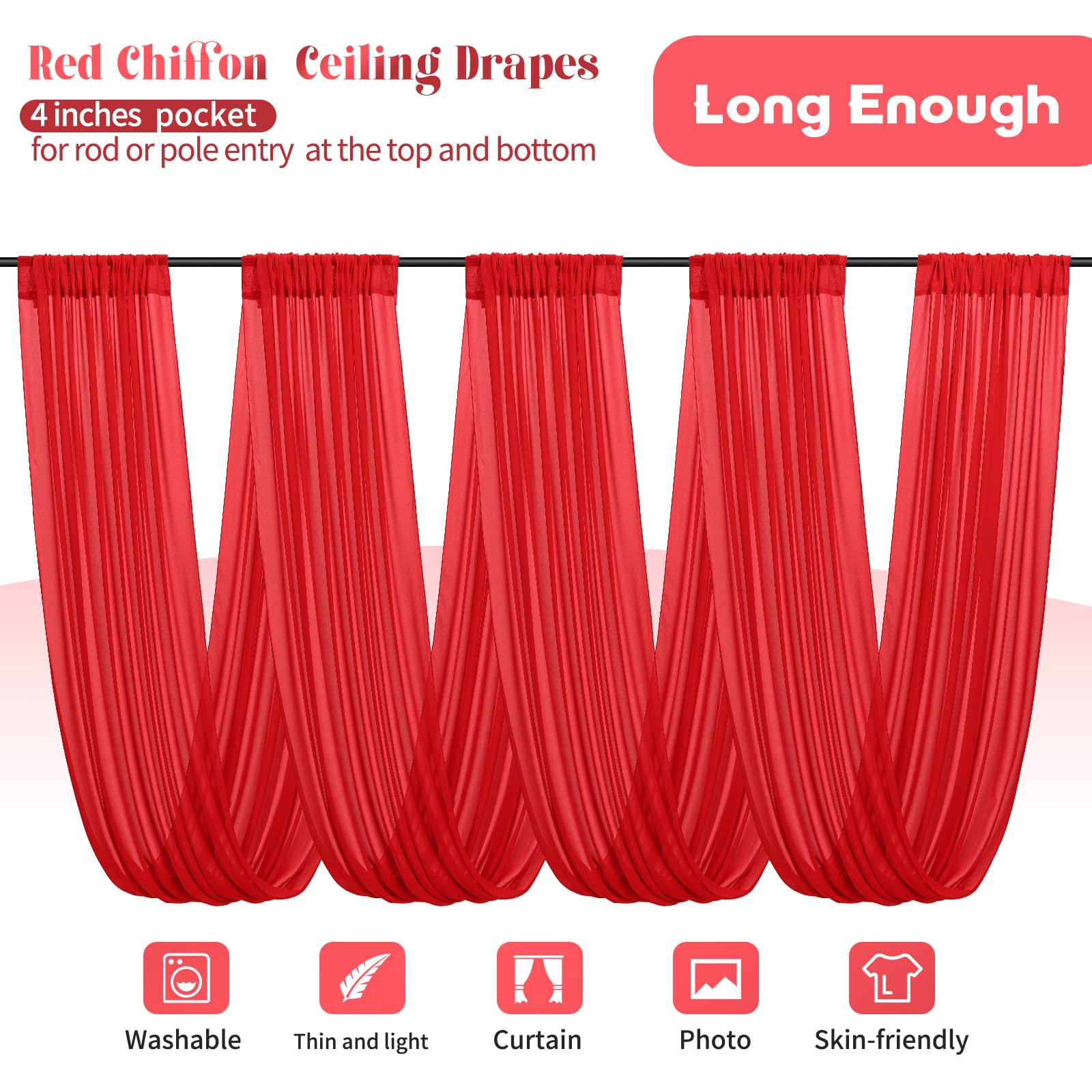 Lot de 6 rideaux de plafond en mousseline de soie transparente pour décoration de plafond de mariage, fête, cérémonie, scène - 1,5 x 3 m - Rouge