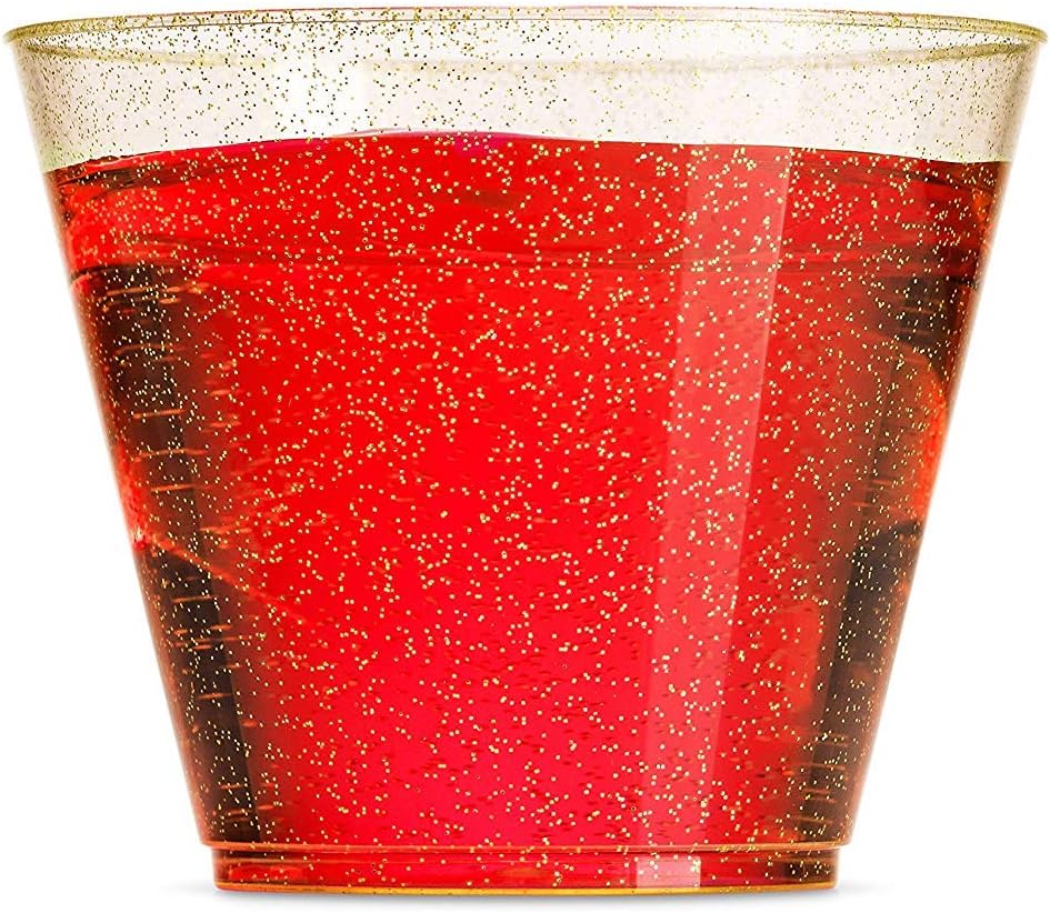 EASERCY Glitter Plastic Cups Gold Glitter Disposable Cups 9 Oz 100 Pack Clear Plastic Cups Old Fashioned Tumblers Recyclable Wine Glasses for Parties Elegant Plastic Party Cups Wedding Decorations