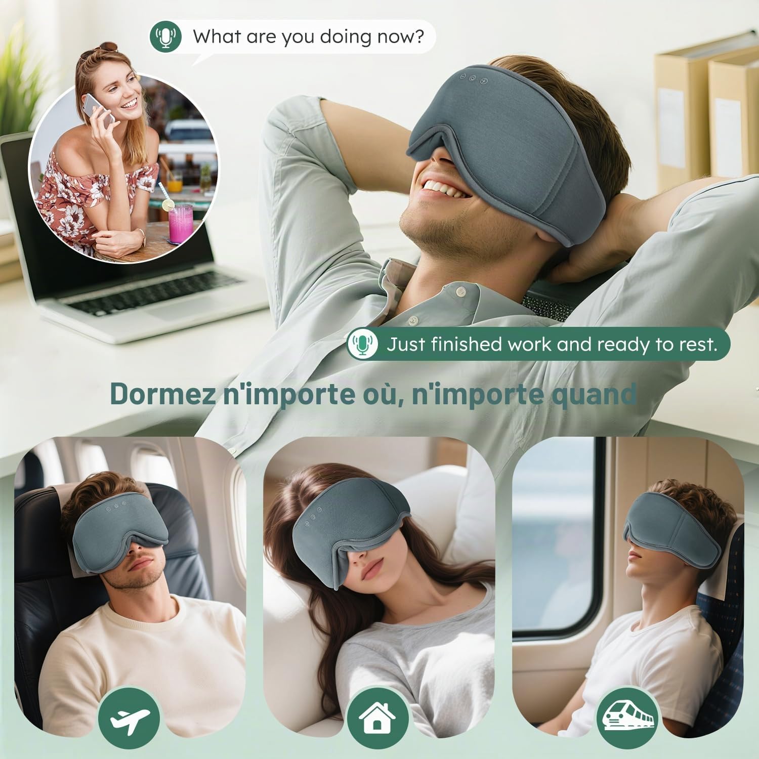 LC-dolida Casque de sommeil Bluetooth 3D naturel en bambou et coton | Masque pour les yeux zéro pression et 100 % occultant pour les personnes dormant sur le côté, voyage et sieste au bureau | Sommeil
