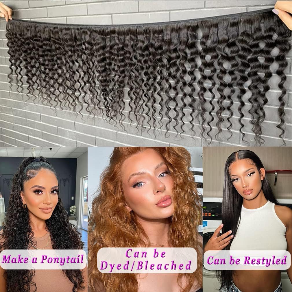 Deep Wave Human Hair Bundles 100% Unprocessed Brazilian Virgin Hair Deep Curly, Natural Black, Wet And Wavy Bundles Style Keep Texture Silky Soft Hair Extension 22 Inch