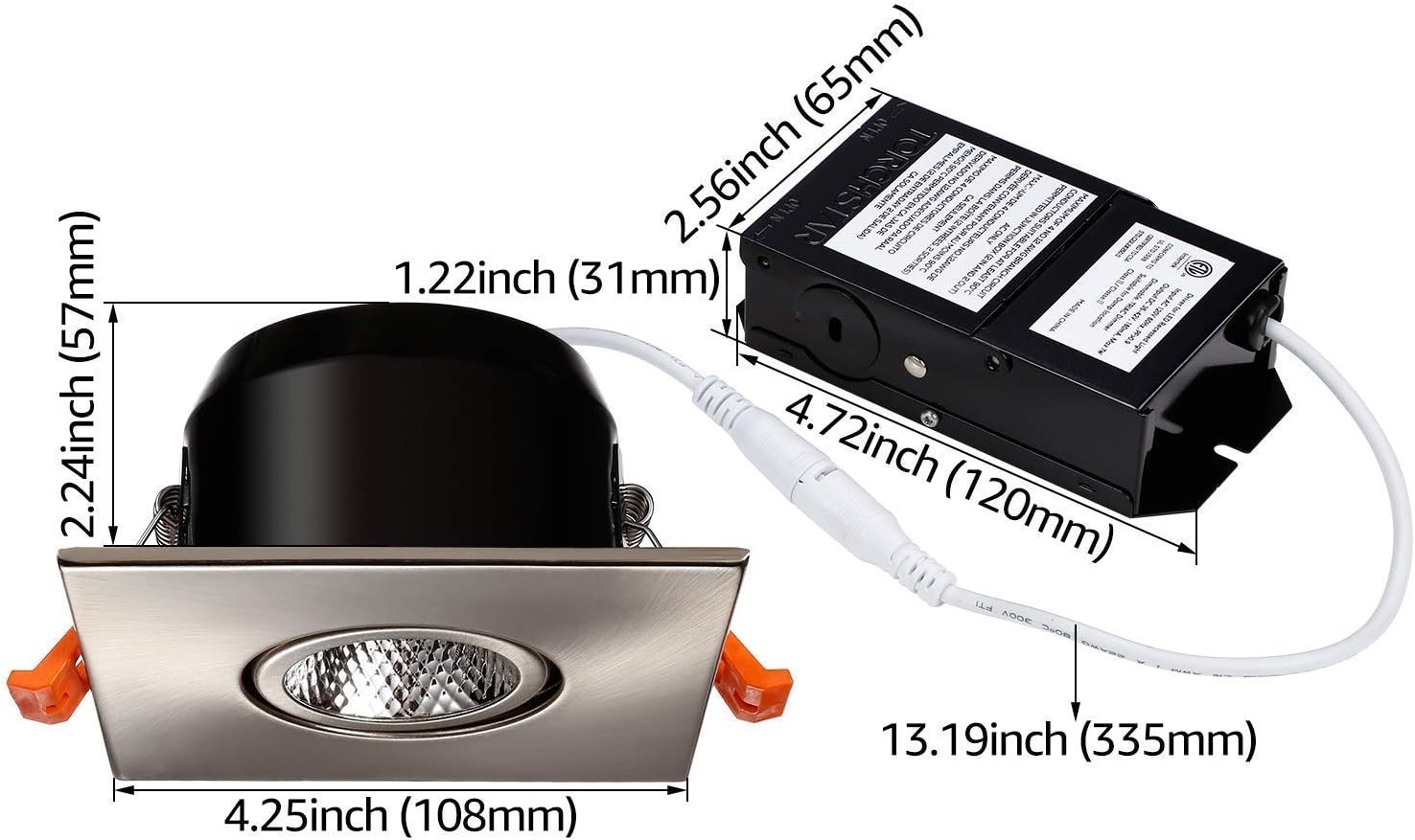 TORCHSTAR 3 Inch Gimbal Recessed Light Bundle Extension Cable, 6-Pack 7W 3 Inch Dimmable LED Square Downlight with J-Box, 5000K Daylight, Satin Nickel & 6-Pack 4ft UL Listed Interconnect Cord