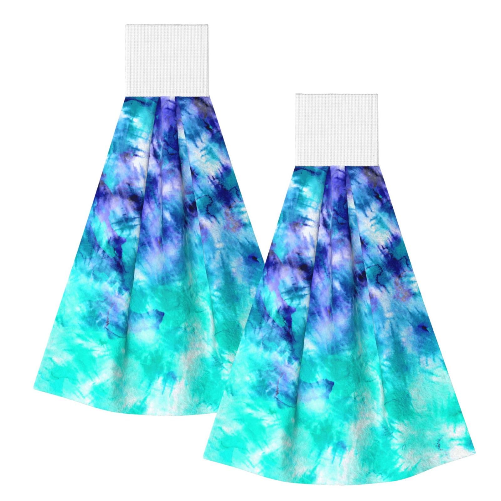 DOPKLNA Watercolor Teal Blue Tie Dye, 2 Pcs Hanging Coral Fiber Hand Towels for Bathroom, Absorbent Kitchen Towels