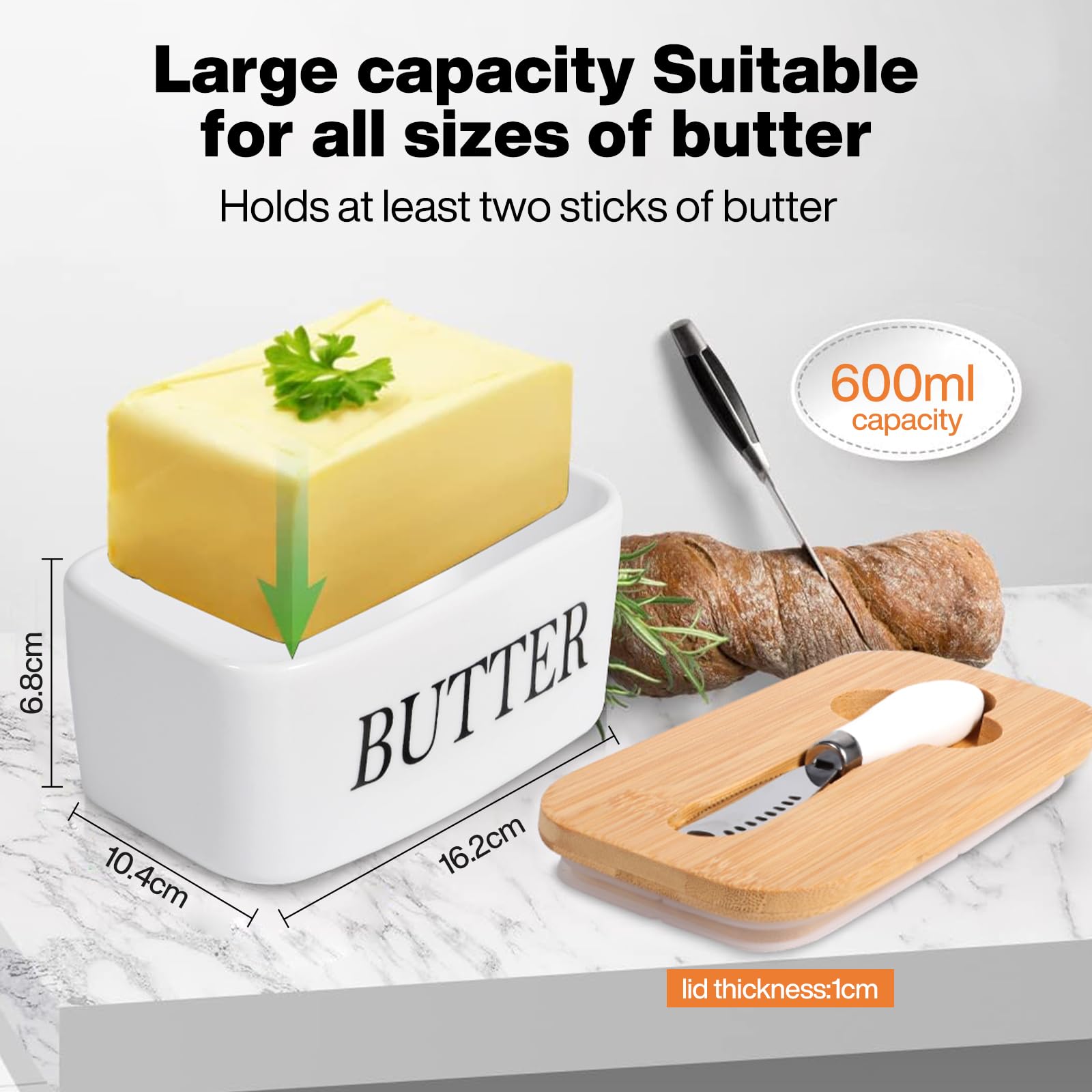 Burriera in Ceramica 250g,Bianco–con Coperchio in Legno–Coltello da Burro–guarnizione in Silicone–Contenitore per Burro–Si adatta perfettamente al frigorifero–lavabile in lavastoviglie.