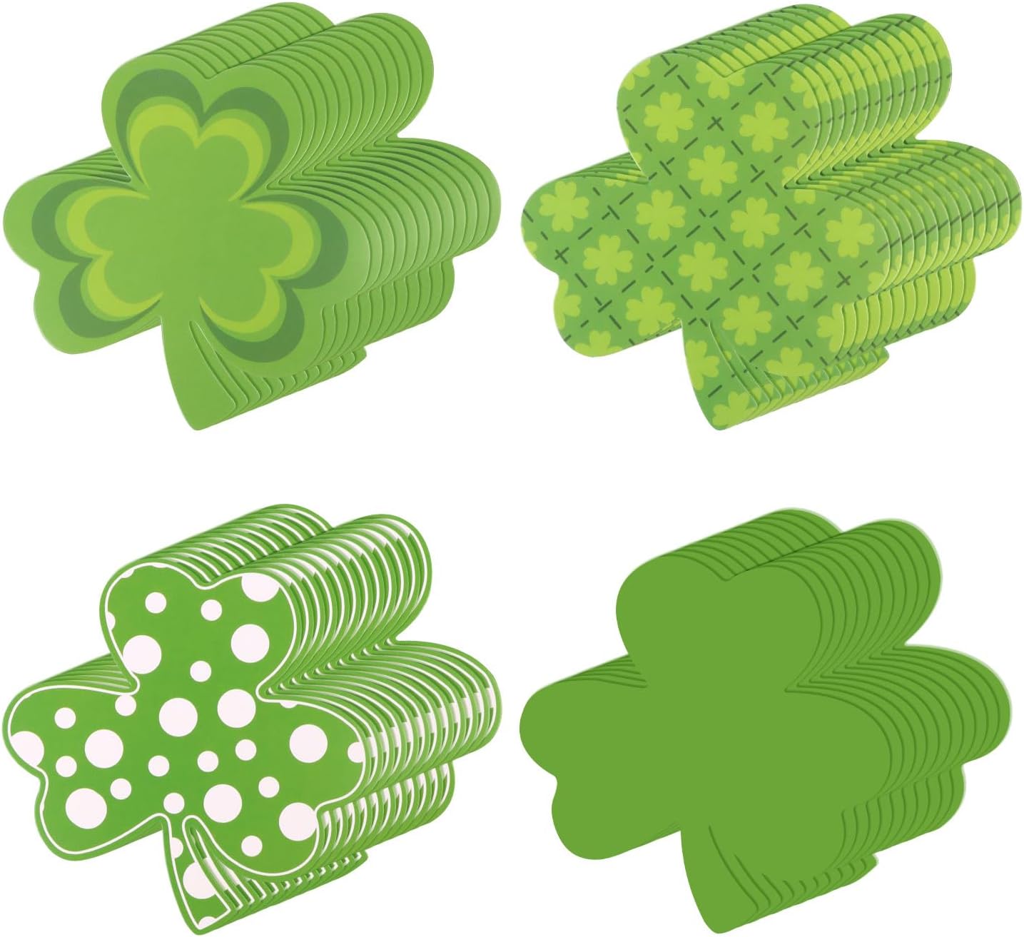 LOMIMOS 48 pcs St. Patrick's Day Clover Paper Cutouts,4 Patterns Shamrock Cut Outs Green with 80Pcs Glue Points for Classroom Bulletin Board DIY Game Party Decoration Supplies 3.9 Inch