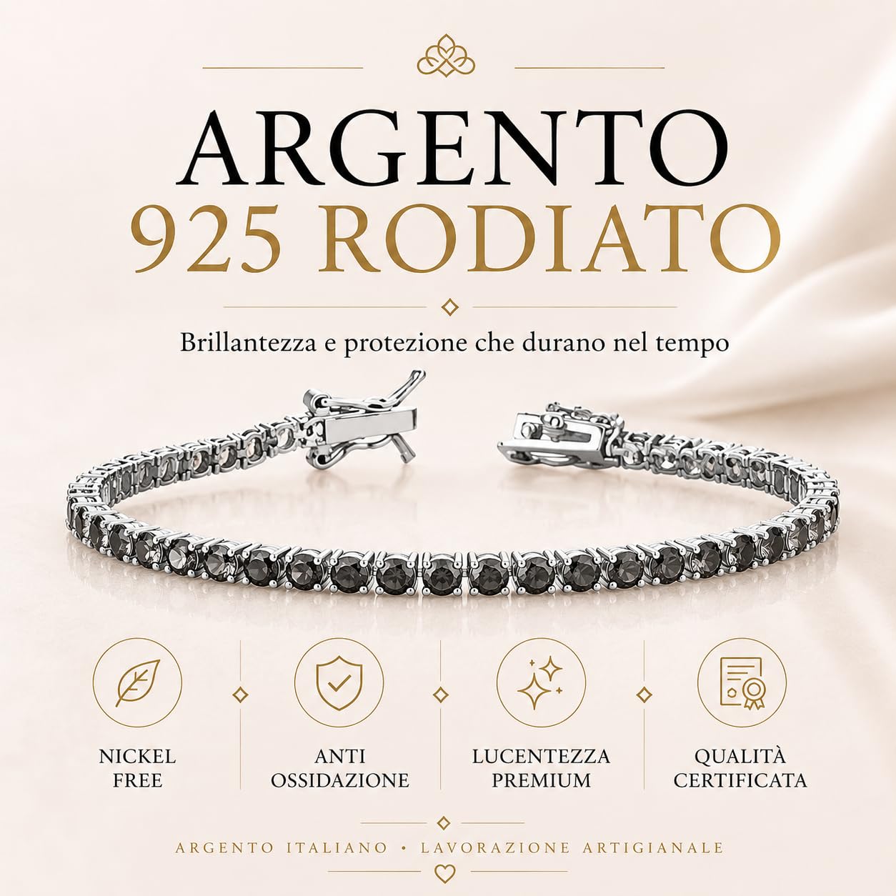 Donipreziosi Bracciale Tennis in Argento 925 Rodiato con Zirconi, Made in Italy - Taglio Brillante 3 mm – Gioiello Unisex Uomo Donna Nickel Free – Varie Lunghezze