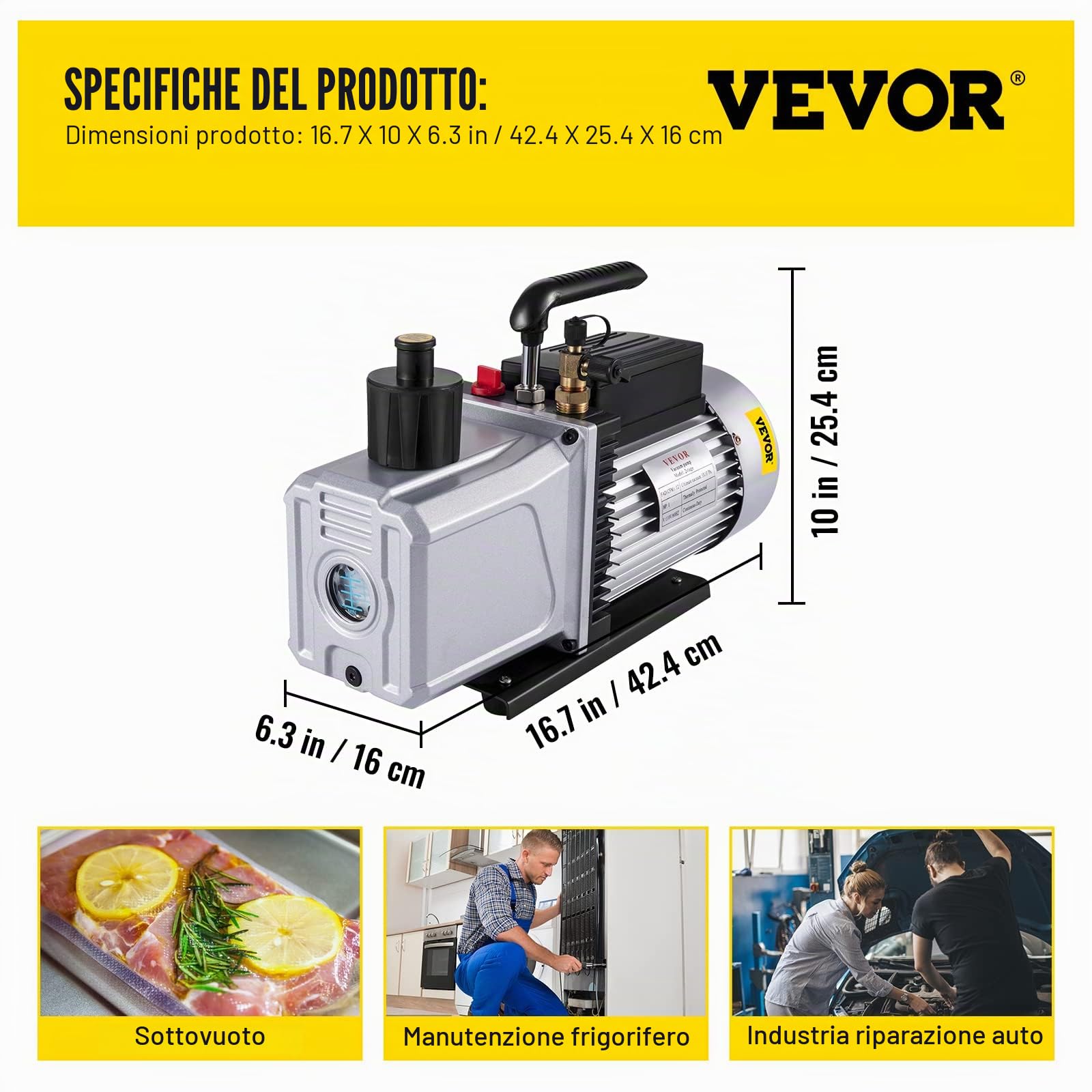 VEVOR Pompa per Vuoto 42,4 x 25,4 x 16 cm Pompa per Vuoto ad Alta Efficienza 339,8 L/min 5 Pa Ideale per Il Condizionamento Domestico, La Manutenzione Automobilistica, L'imballaggio Sottovuoto
