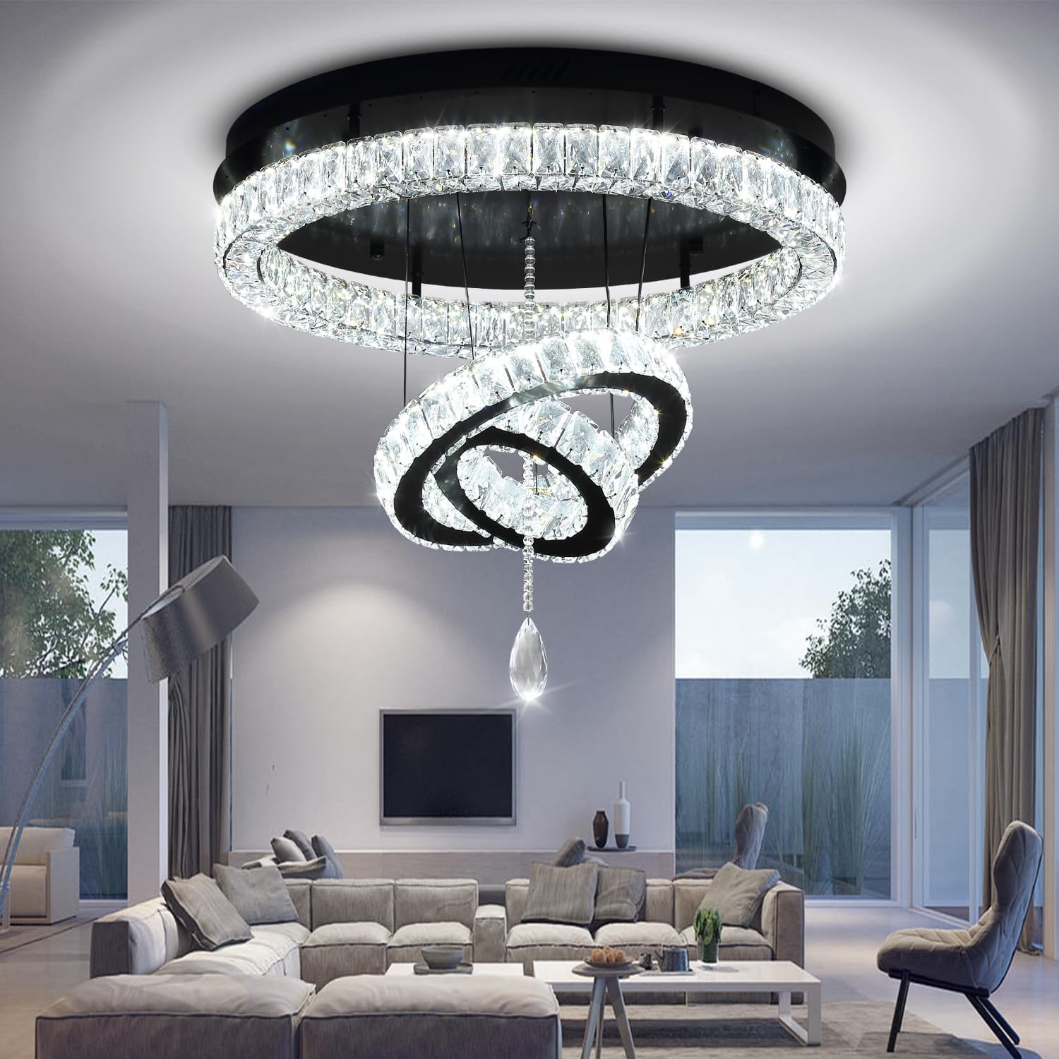Flashing God Dia 32'' Modern Chandeliers for Living Room Crystal Flush Mount Ceiling Chandelier Large Chandeliers for Dining Room Bedroom LED Dimmable 3000-6000K Black