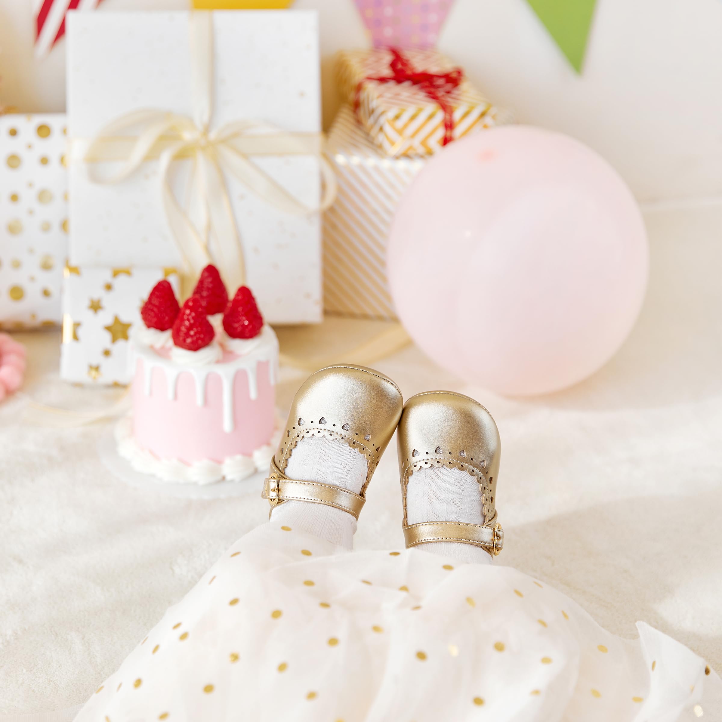 PHIRAMIN Baby Girls Gold Mary Jane Flats - Infant 9-12 Months Walking Shoes Soft Rubber Sole Princess Wedding