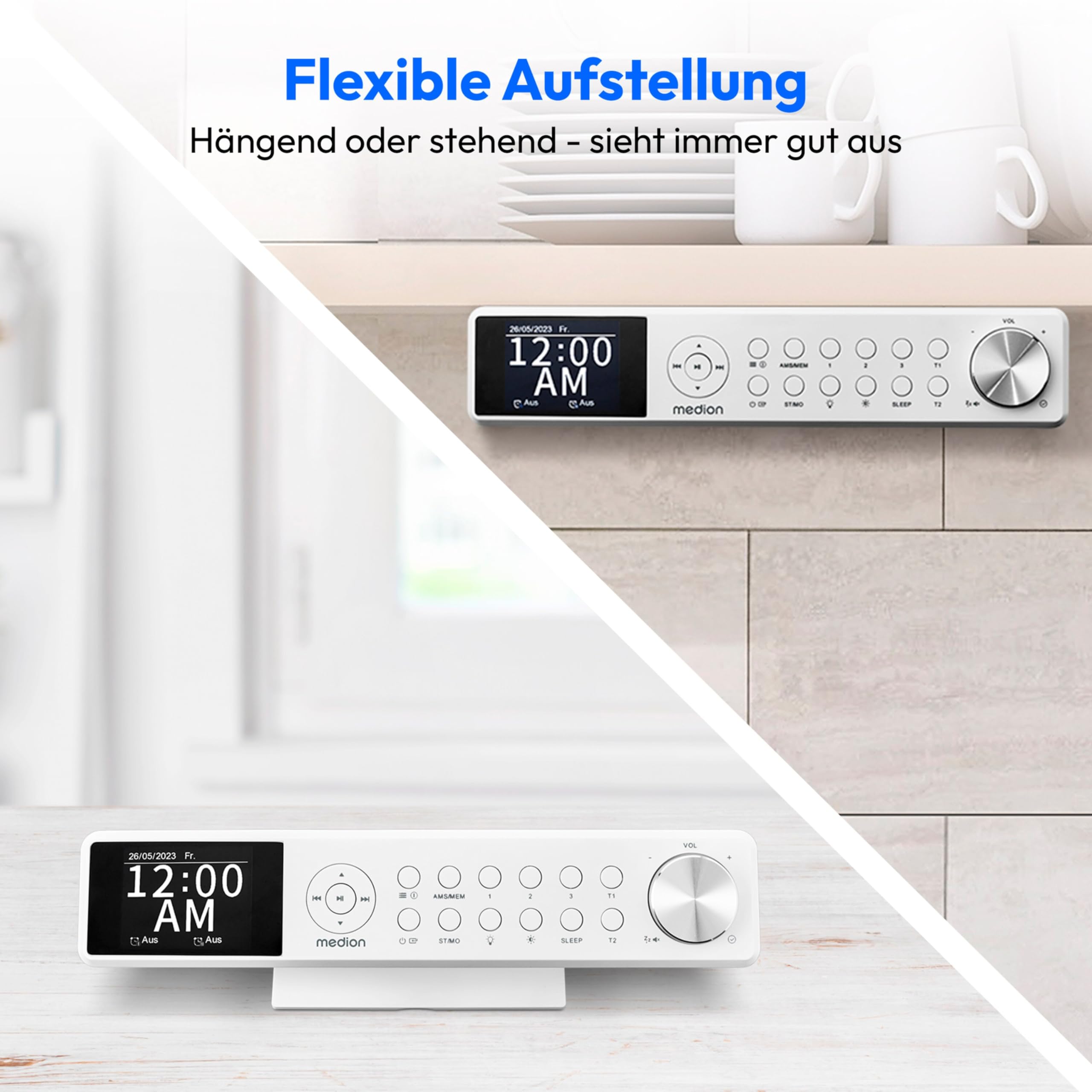 MEDION P66750 Küchen Unterbauradio (DAB+ Küchenradio, PLL UKW Radio, dimmbares TFT Farbdisplay, Koch Timer, Bluetooth, LED Leiste, inkl. Montagematerial) weiß