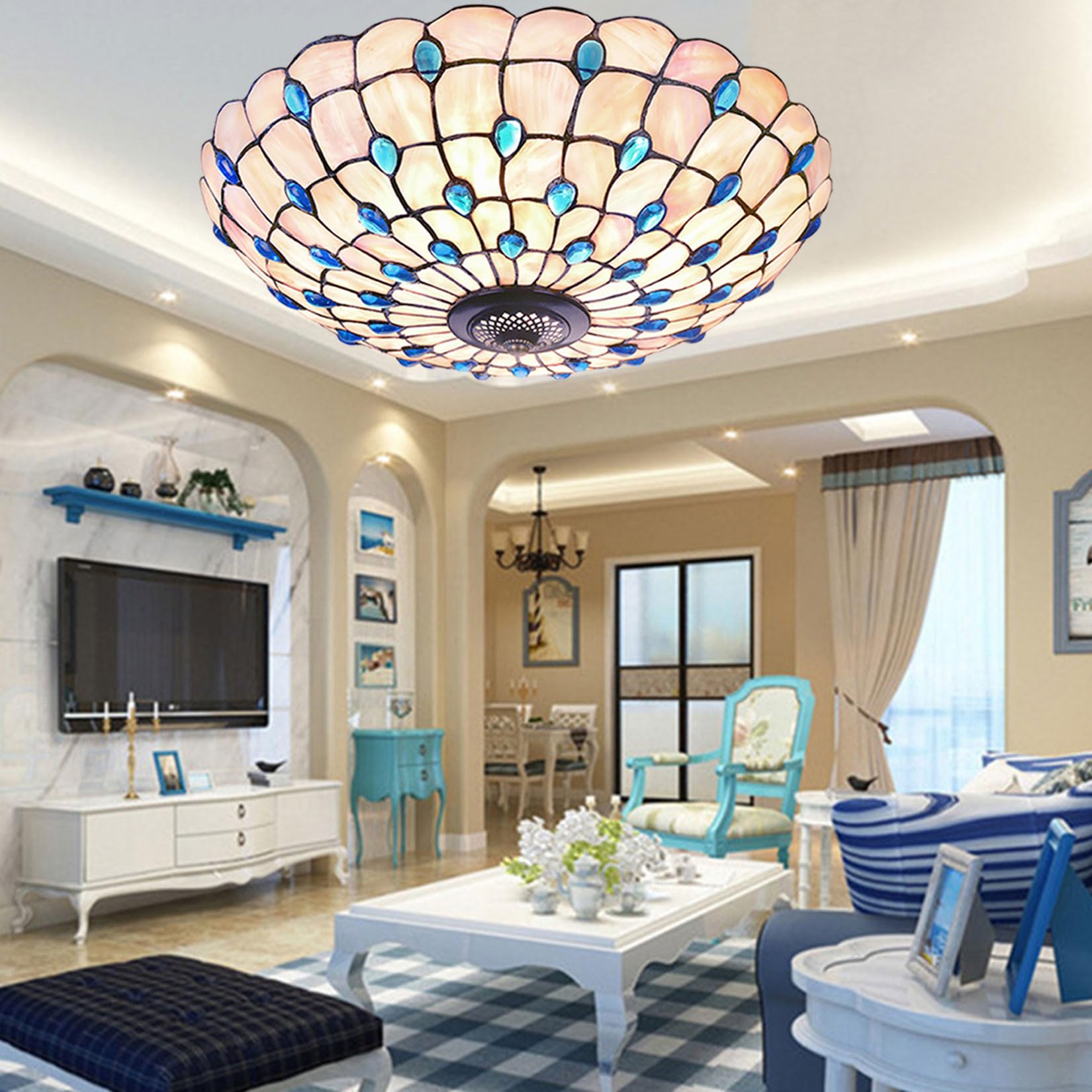 BOTOWI Tiffany Ceiling Lights, Colourful Blue Stained Glass Ceiling Lamp, Tiffany Flush Mount Ceiling Light for Bedroom Dining Living Room Entryway Foyer Restaurant Porch Kitchen Bar,Blue,21in