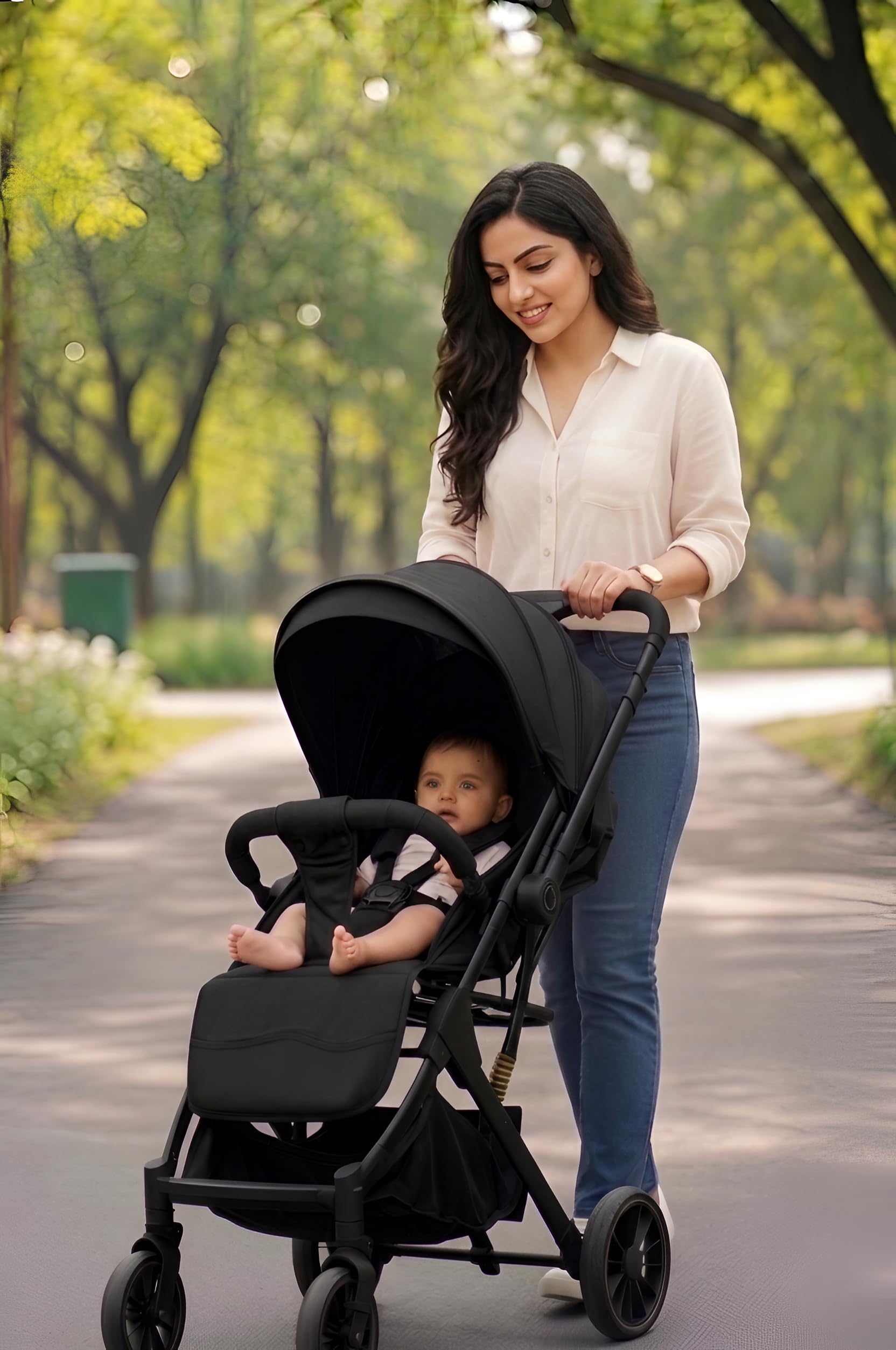 Chipzzie Travel Mate Premium Baby Stroller Pram β Reversible Handle, One-Hand Fold, Full Recline & Suspension | All-Terrain Large Wheels, Travel-Friendly | 5-Point Harness for Newborns to Toddlers 0-3 years (Black) 2