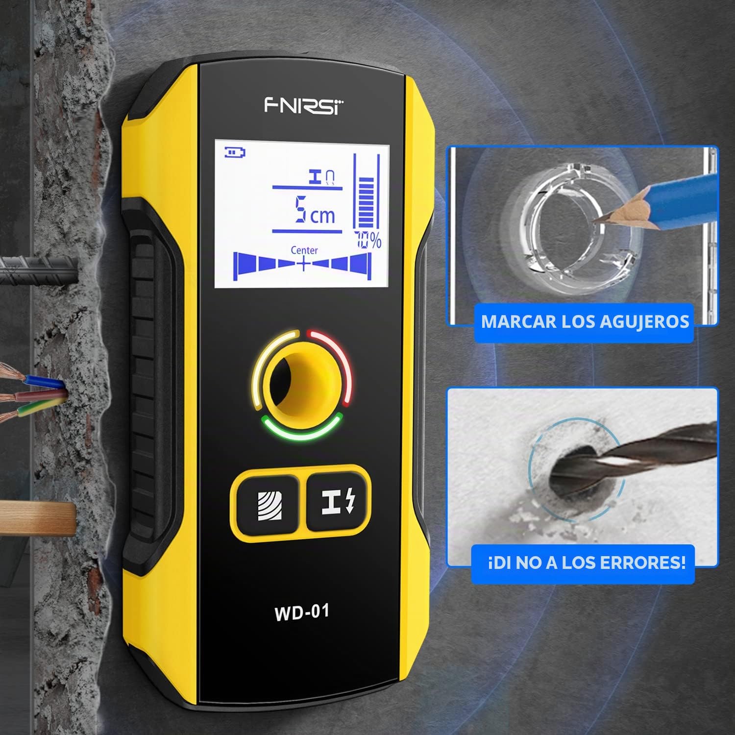 FNIRSI Escáner de pared 6 en 1, buscador electrónico de pernos de madera, detector de pared con orificio de posicionamiento actualizado para centro y borde de madera, alambre de CA, pernos de metal