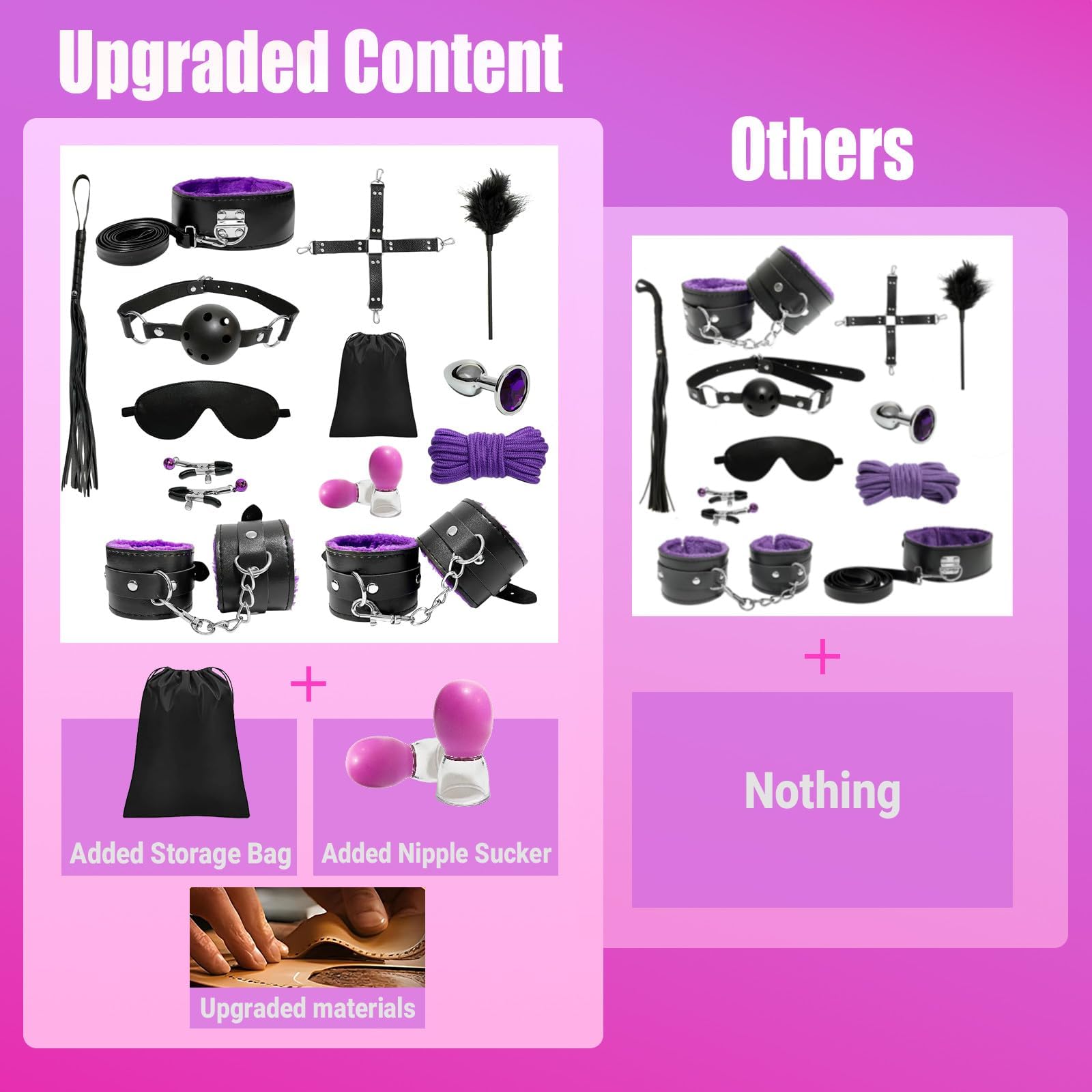 Kit de bondage BDSM, set de bondage mejorado de 17 piezas con bolsa de almacenamiento, juguetes sexuales para parejas, juguetes sexuales de placer SM para mujeres y hombres