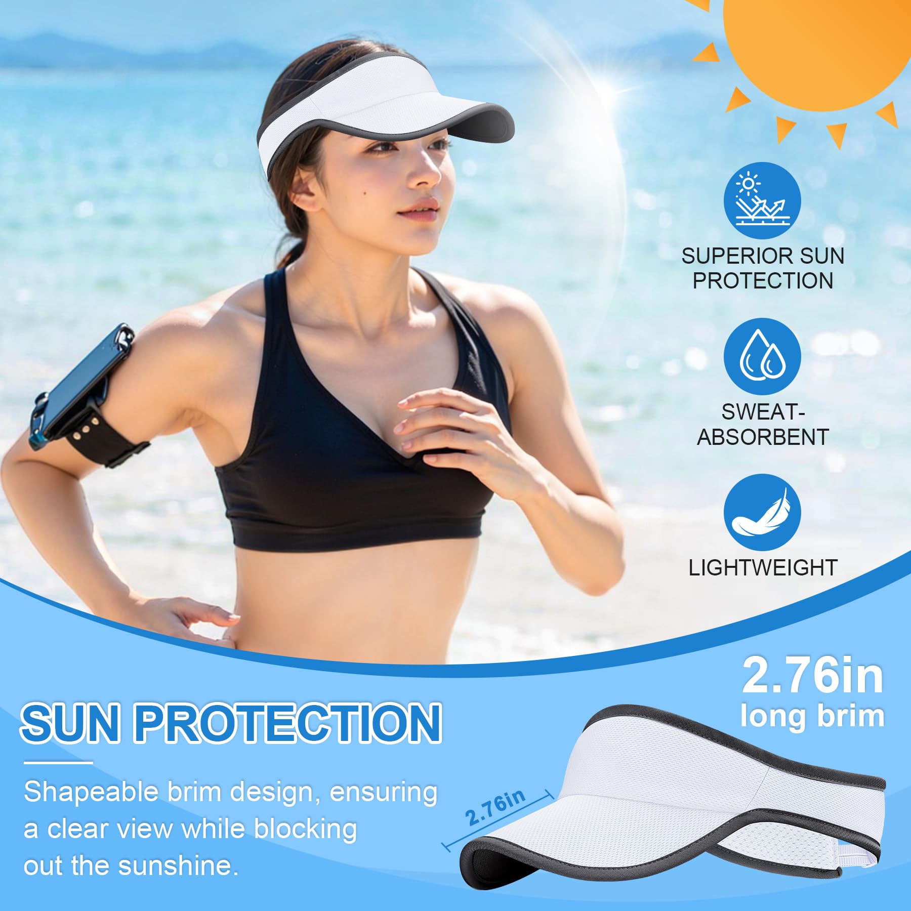 Trodalo Sports Sun Visor for Men Women, Lightweight Soft Quick-Dry Visor Hat, Packable Tennis Golf Running Visor White