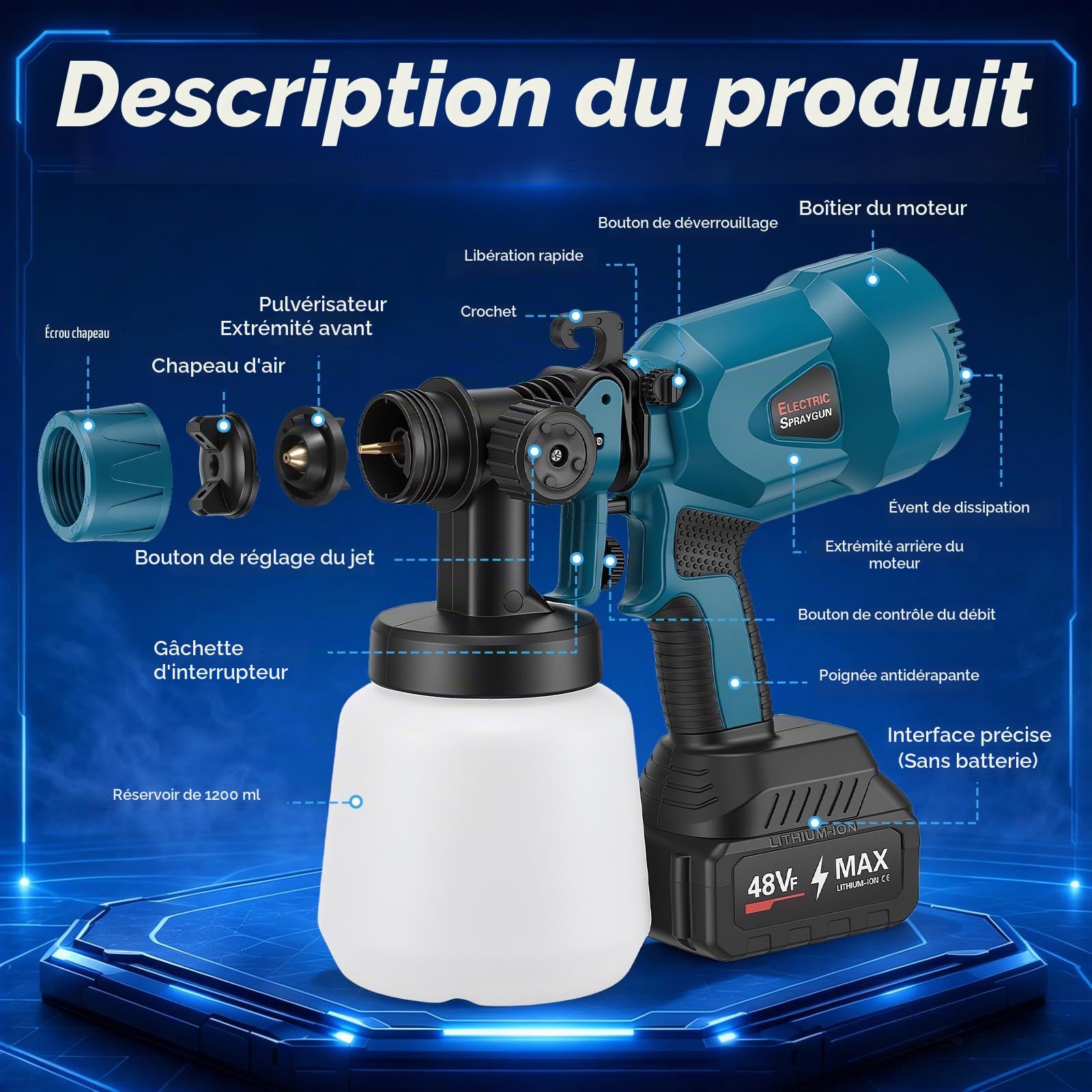 Pistolet a Peinture sans Fil,1200ML Pistolet à Peinture avec 3 Motifs et 5 Buses de Pulvérisation, pour La Peinture de Clôtures, Murs, Plafonds et Maison (Batterie Non Incluse)
