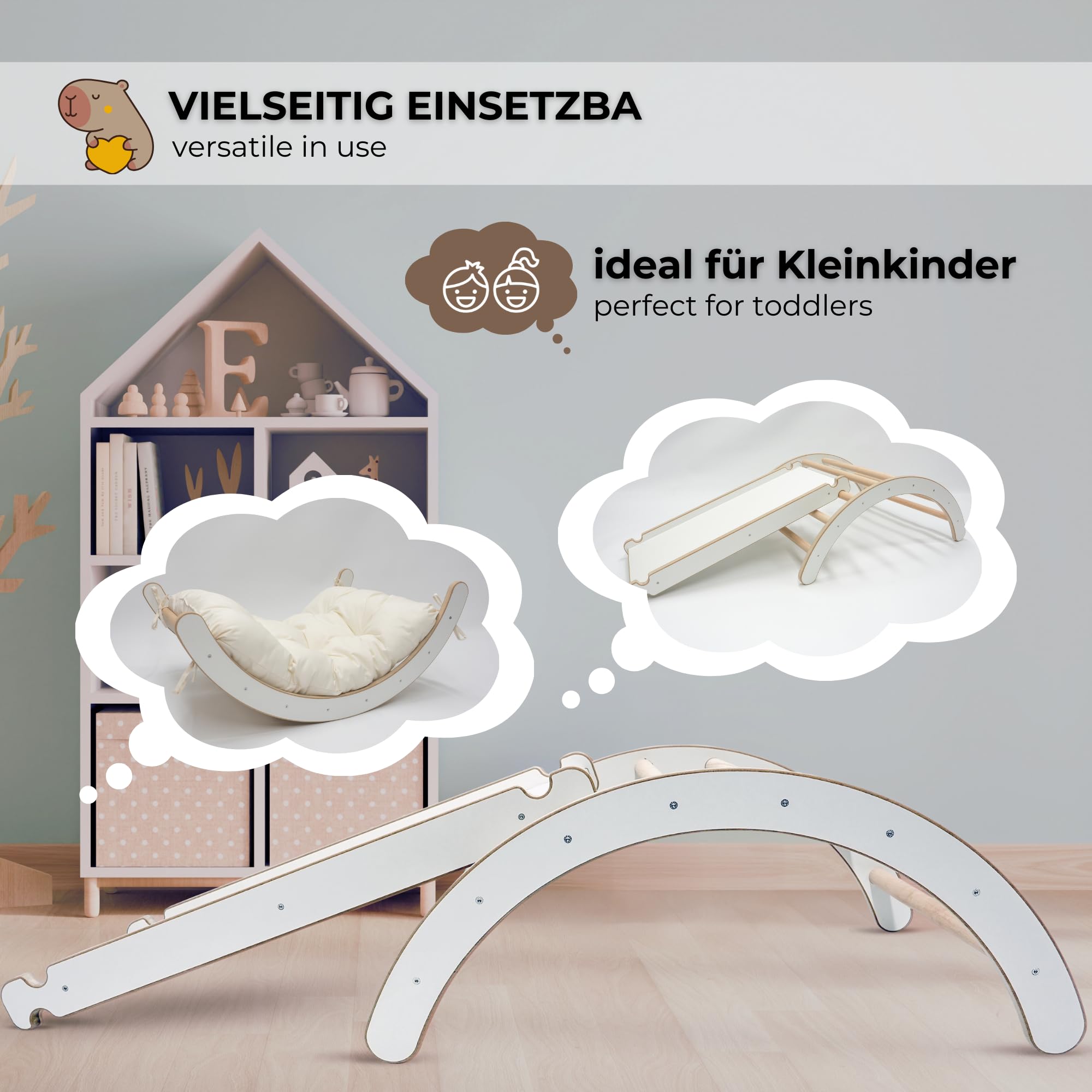 MAMOI® Klettergerüst Indoor 3 in 1 Set. Montessori Kletterbogen mit Kissen, Indoor Spielplatz und Rutsche