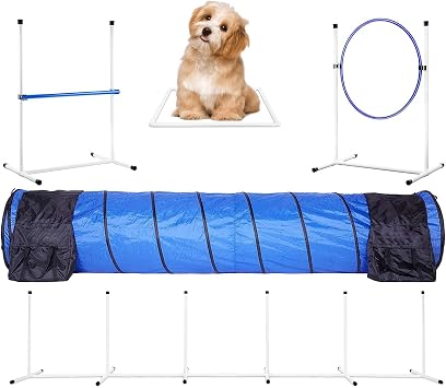 Agility Kit for Beginners to Sport Dogs | 5 Piece Dog Agility Kit for Dogs | Agility Jumping | Tire Jumping | Braided Pole | 10 Foot Tunnel with Sandbags | Pause Box