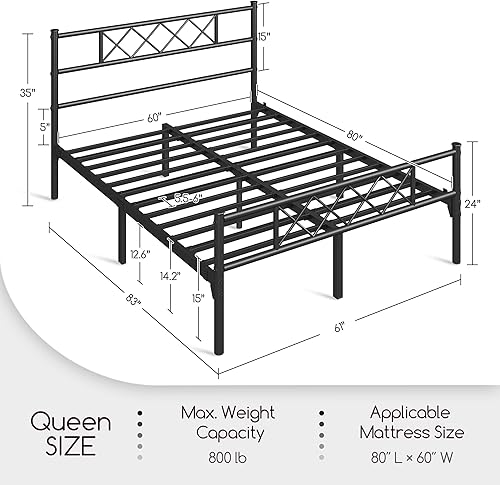 Miniatura 60 de Topeakmart Base de cama de metal negro con cabecero, base de colchón, cama de plataforma, base de cama con listones, tamaño individual Negro -,Blanco