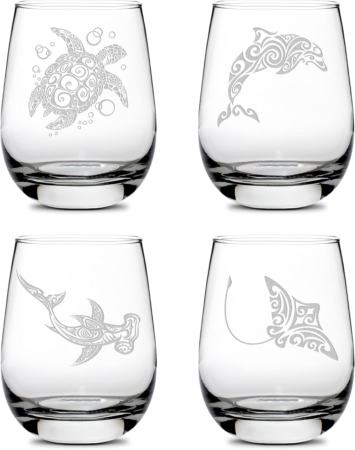 Integrity Bottles Tribal Sea Life Designs, (Set of 4) Turtle, Dolphin, Hammerhead Shark and Stingray, Stemless Wine Glasses, Handmade, Handblown, Hand Etched Gifts, Sand Carved, 16oz