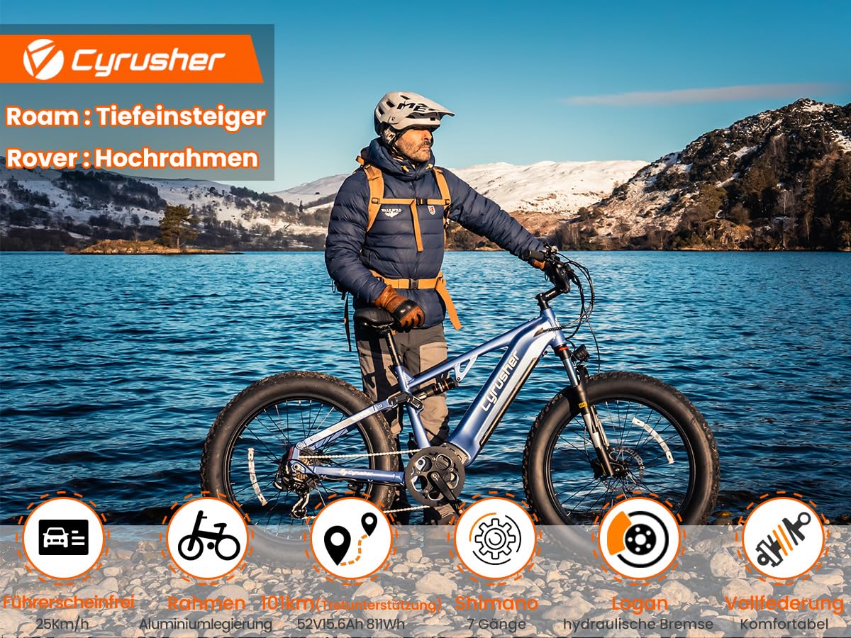 Vélo Électrique en Aluminium Rover 26Pouces, 250W 25 km/h 52V 16Ah 811Wh 101 km, Suspension intégrale, Freins à Disque Hydrauliques