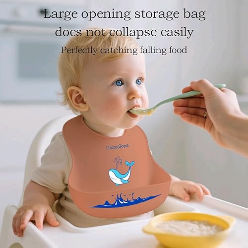 Miniatura 5 de Baberos de silicona para bebés ajustables, suaves, impermeables y duraderos, con gran bolsillo para atrapar alimentos, aptos para la alimentación