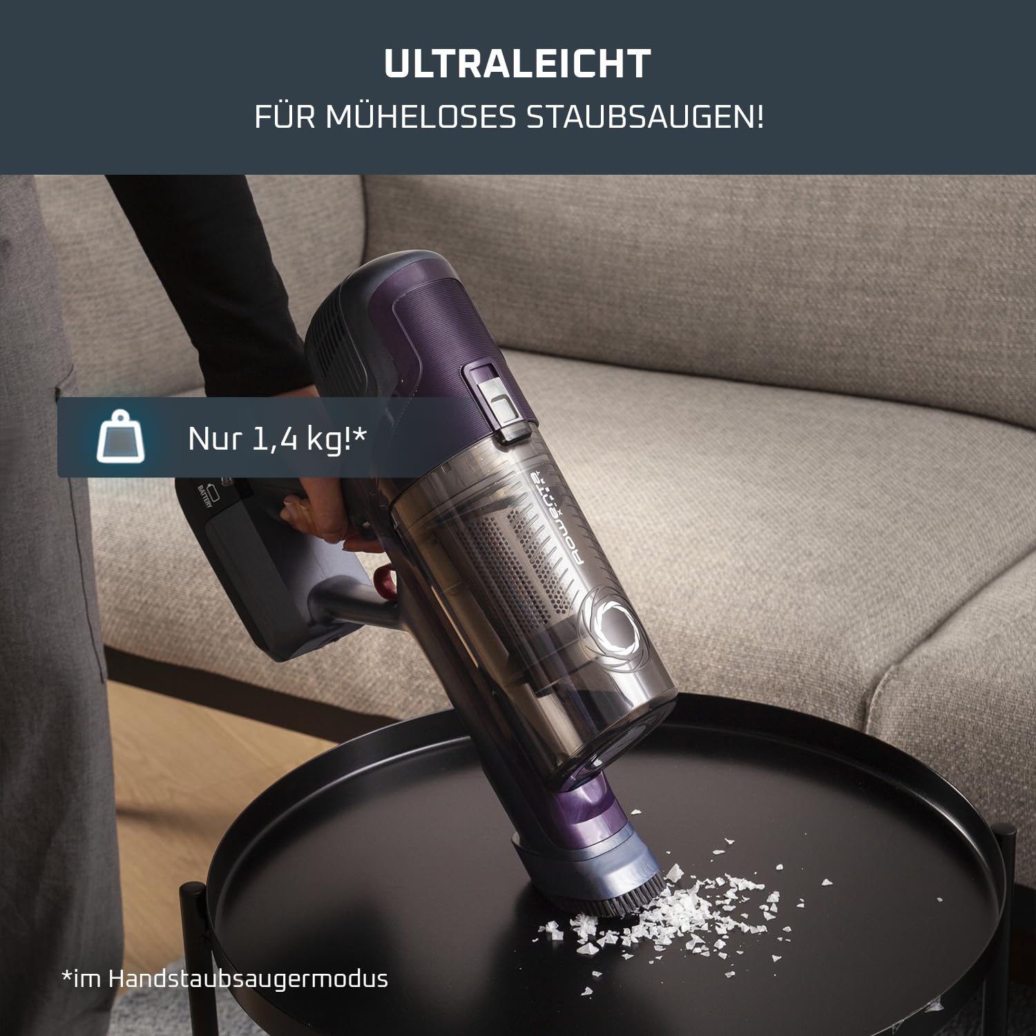 Rowenta X-Pert 6.60 Essential Akkustaubsauger, 100 W Leistung, 45 Min Laufzeit, kabellos & beutellos, LED-Bürstenkopf, herausnehmbarer Akku, inkl. Fugendüse und Wandhalterung, violett/schwarz, RH6838