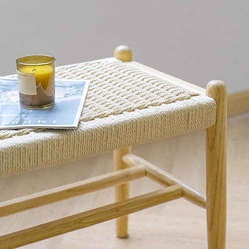 Miniatura 4 de Banco de entrada de madera maciza con almacenamiento de zapatos, roble rústico y diseño tejido, asiento de 45 pulgadas de largo para salas de estar