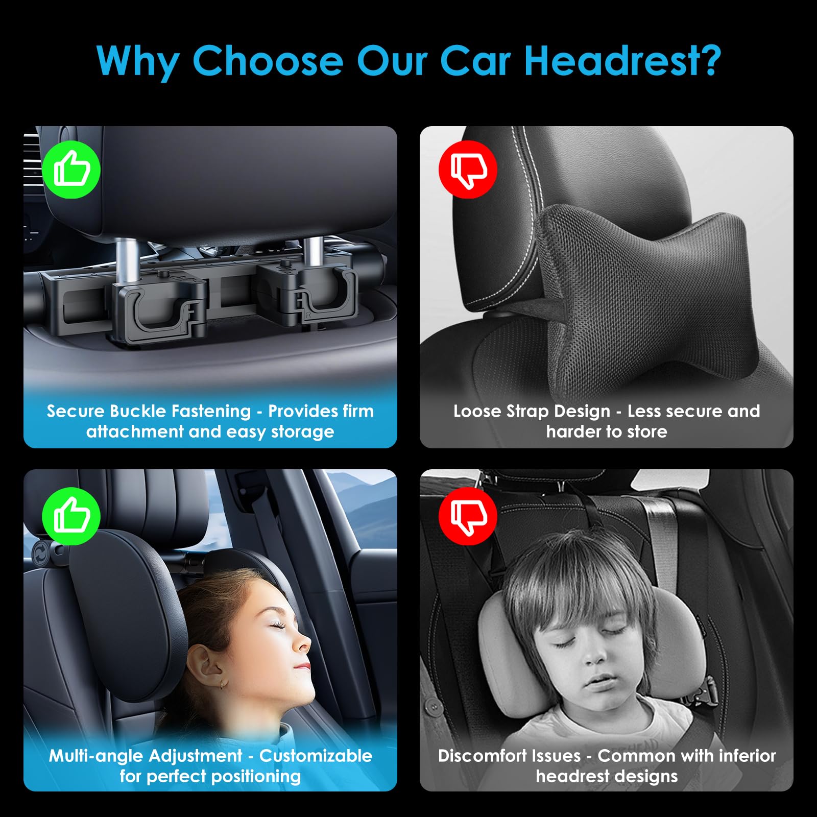 Poggiatesta Auto Bambini & Adulti | Cuscino da Viaggio Bambini per Dormire | Supporto Cervicale Auto in Memory Foam | Regolabile per Sedile Posteriore (Nuovo 2025) (Nero X 2)