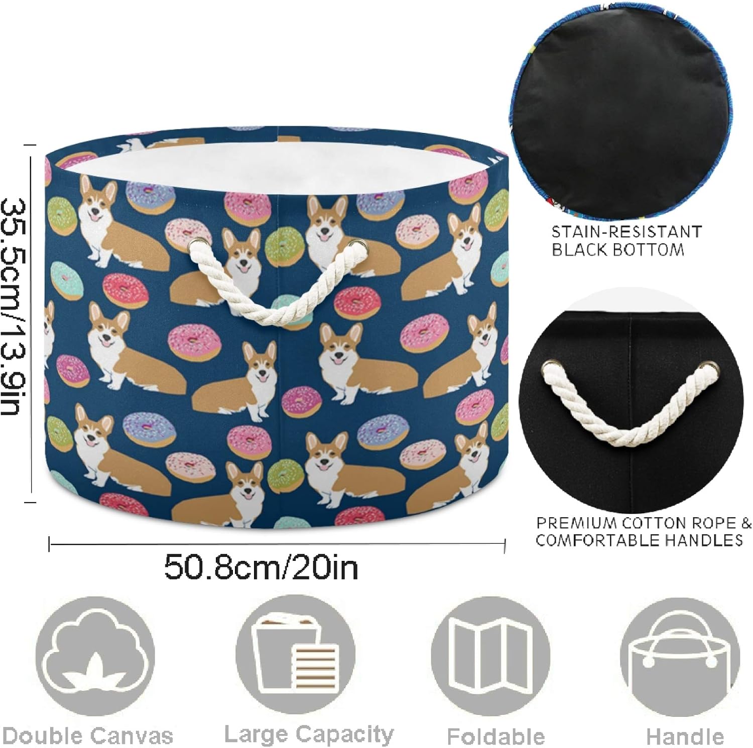 visesunny Collapsible Large Capacity Basket Corgi Dog Colorful Donut Clothes Toy Storage Hamper with Durable Cotton Handles Home Organizer Solution for Bathroom, Bedroom, Nursery, Laundry,Closet