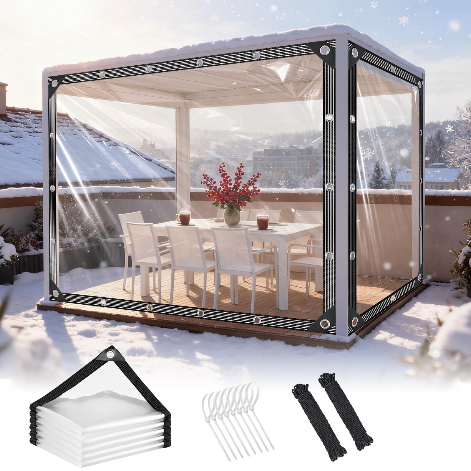 4m x 4m Clear Tarpaulin Waterproof Heavy Duty Transparent Tarpaulin with Eyelets and Rope Tear Resistant 420 g/m² PVC Clear Tarp for Gazebo Balcony Rabbit Hutch Greenhouse Chicken Coop