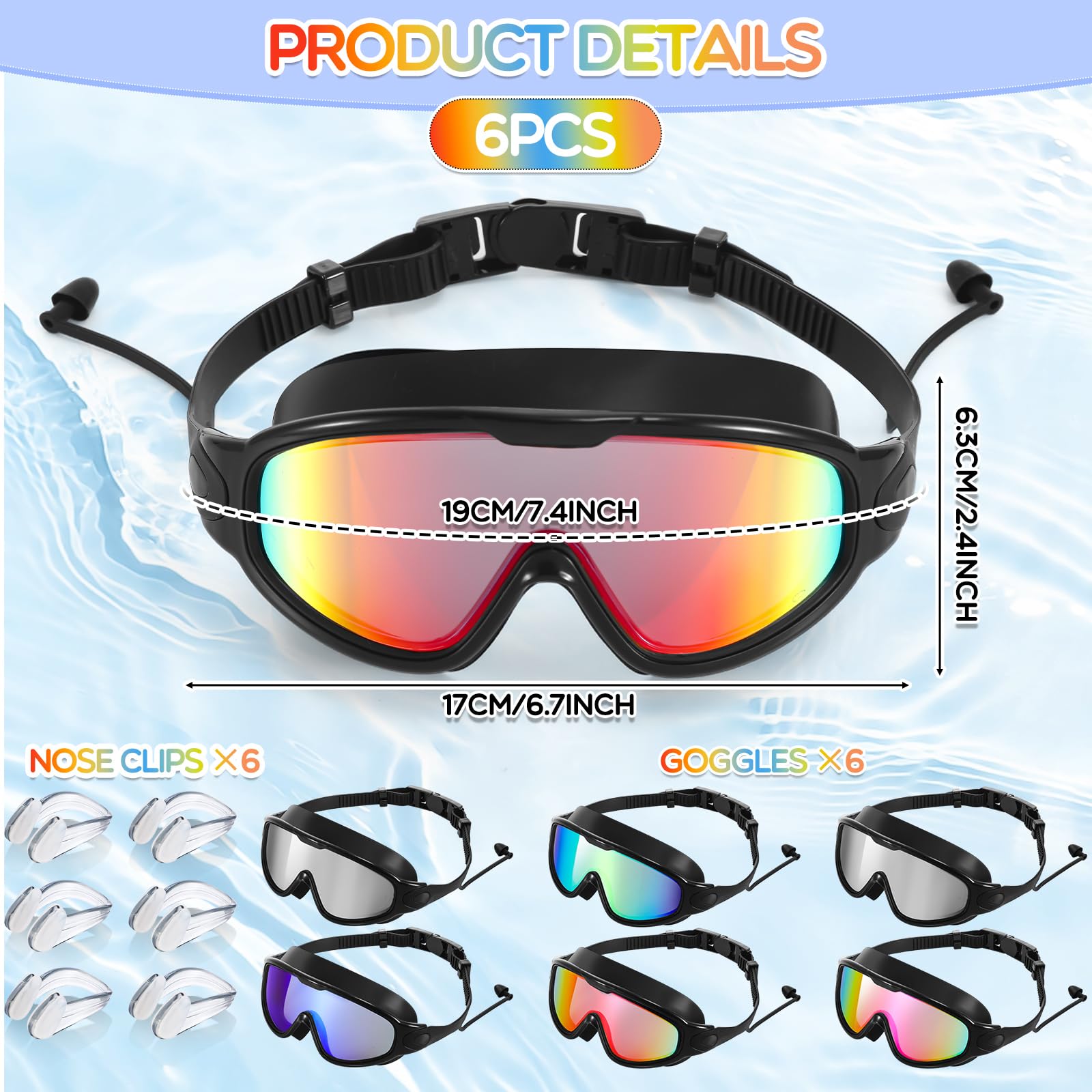 Kanayu 6 gafas de natación de visión amplia sin fugas, gafas de natación antivaho para adultos, con tapones para los oídos y clip de nariz para verano, adultos, hombres, mujeres, jóvenes, protección