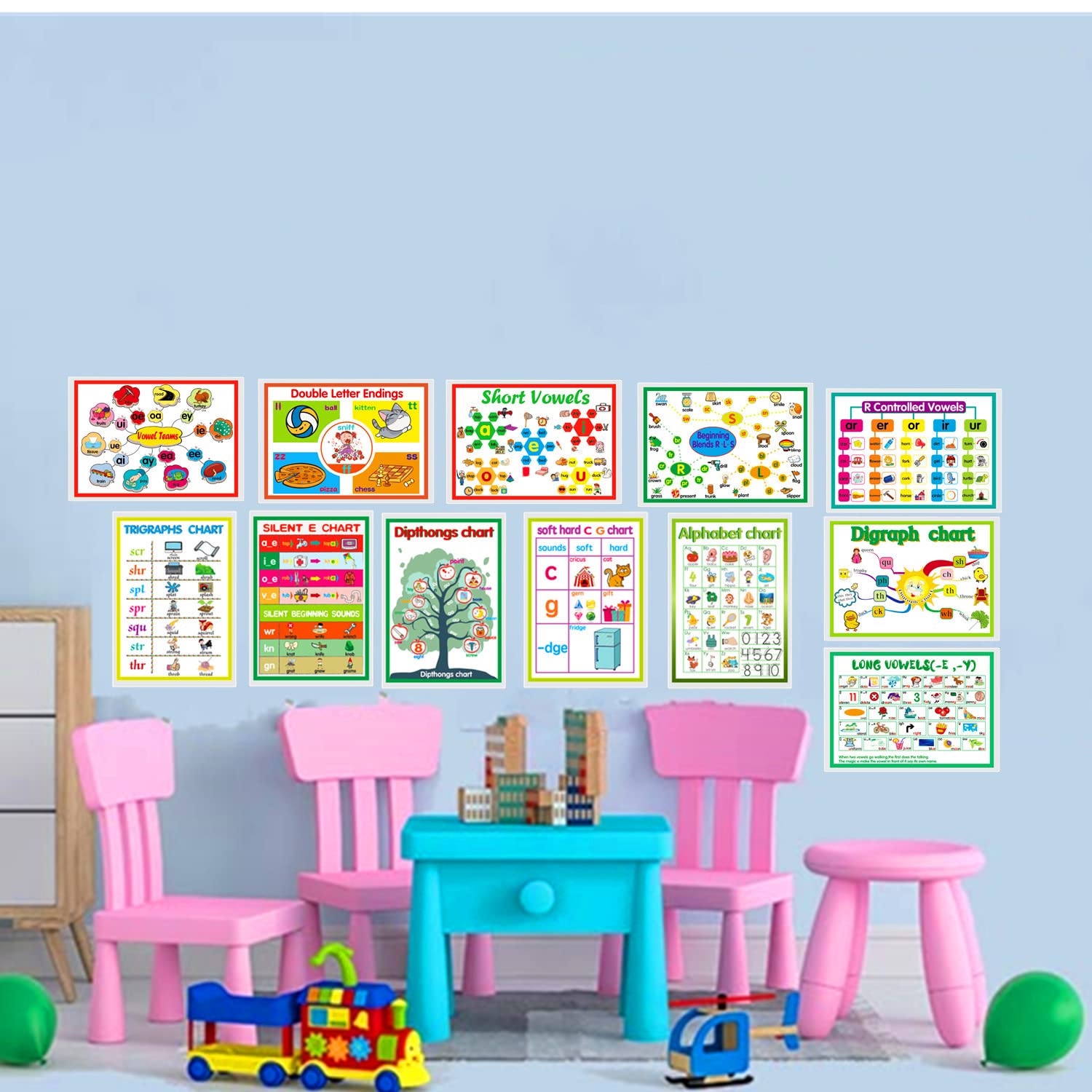 12 English Phonics Language Arts Skills Charts for Toddlers| Learning Vowels Anchor Posters, Sight Words Poster Alphabet Bulletin Board for Home,Kindergarten,Primary School,Classroom Decor(8.2x 12'') - Image 4