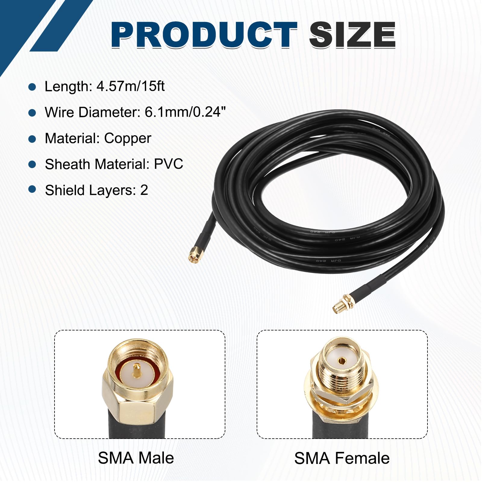 sourcing map KMR/LMR240 Koaxial-Verlängerungskabel, 50 Ohm, 4,5 m, SMA-Stecker auf SMA-Buchse, RF-Koaxialkabel, Antennenkabel, Verlängerung mit Stecker für 3G, 4G, 5G, LTE, Ham, WLAN, GPS, RF-Radio