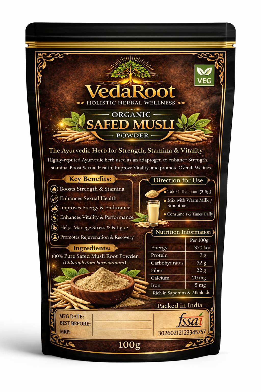 VedaRoot Safed Musli Powder 100g | FSSAI Certified | 100% Pure & Natural | No Additives No Preservatives | Ayurvedic Supplement for Strength, Stamina & Male Wellness | Safed Musli Churna | Chlorophytum Borivilianum | Non-GMO | Siva Musli Podi/Shweta Musli Hudi | Veg — Amazon image 2