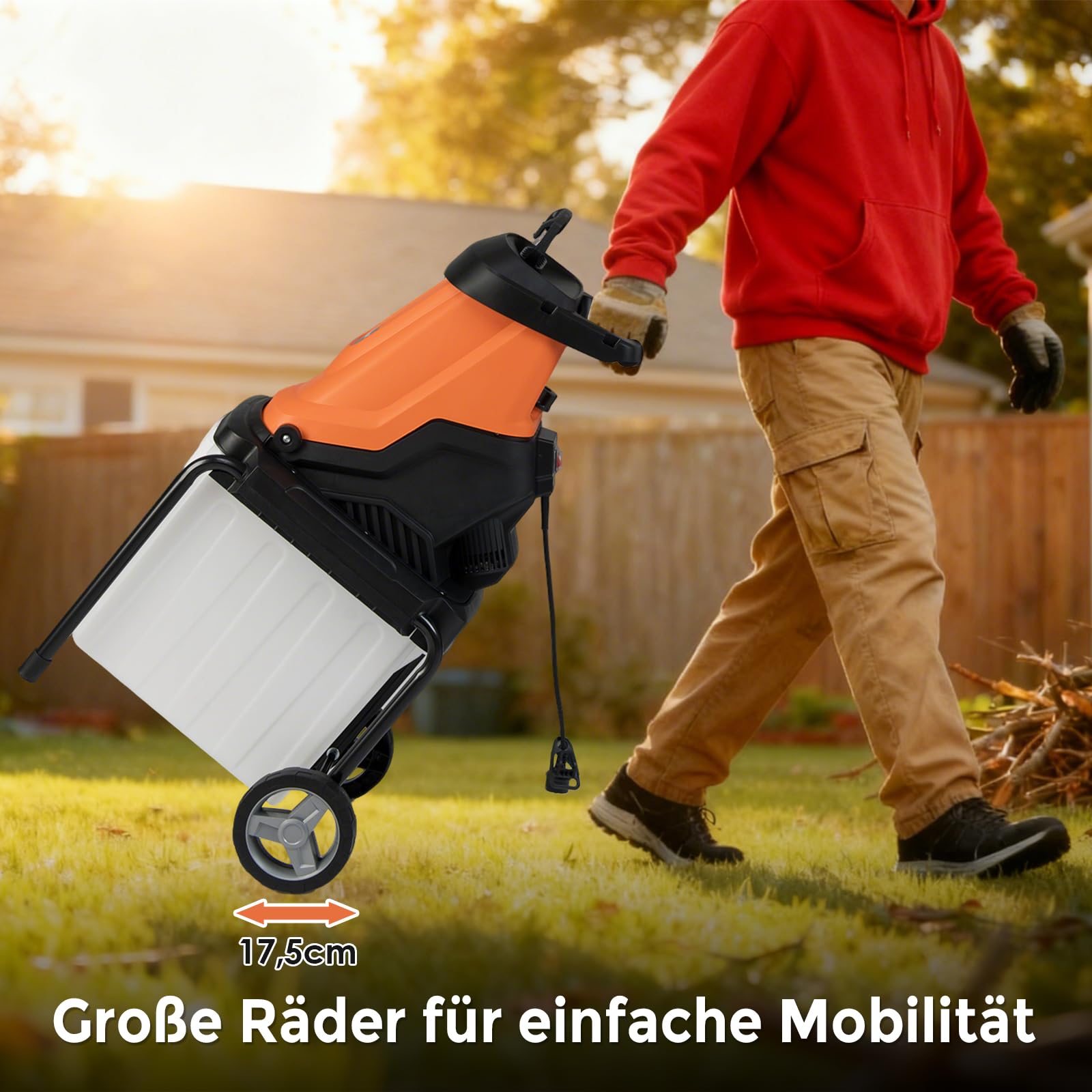 COSTWAY Häcksler Garten 2800 W, Elektro Gartenhäcksler, Elektrischer Walzenhäcksler mit Rädern, 50 L Fangbox | Schnittstärke 45mm | kabelgebunden, Messerhäcksler für und Gartenreinigung (Orange)