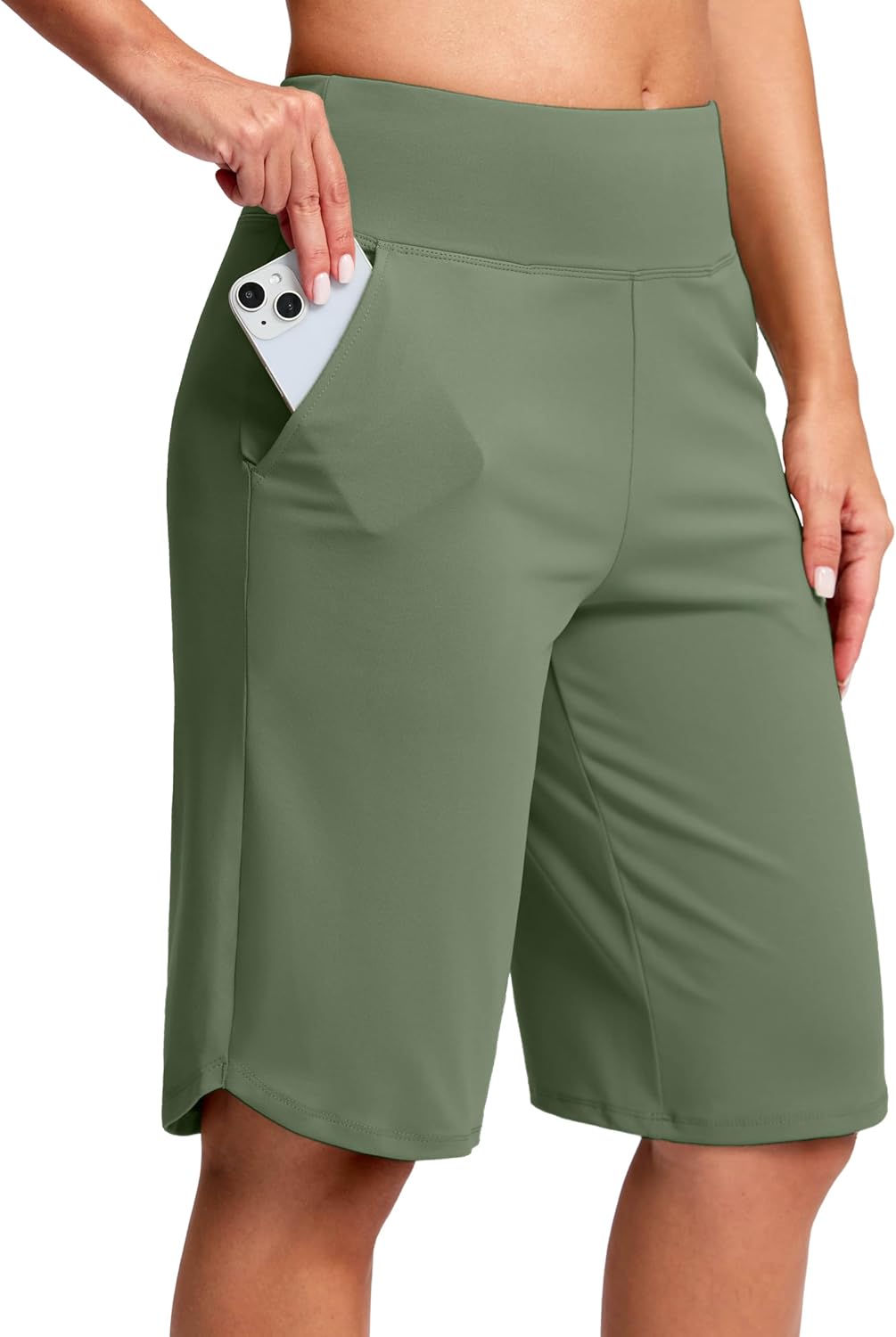 SANTINY 12" Long Bermuda Shorts for Women Knee Length with Pockets High Waisted Stretch Shorts for Summer Walking