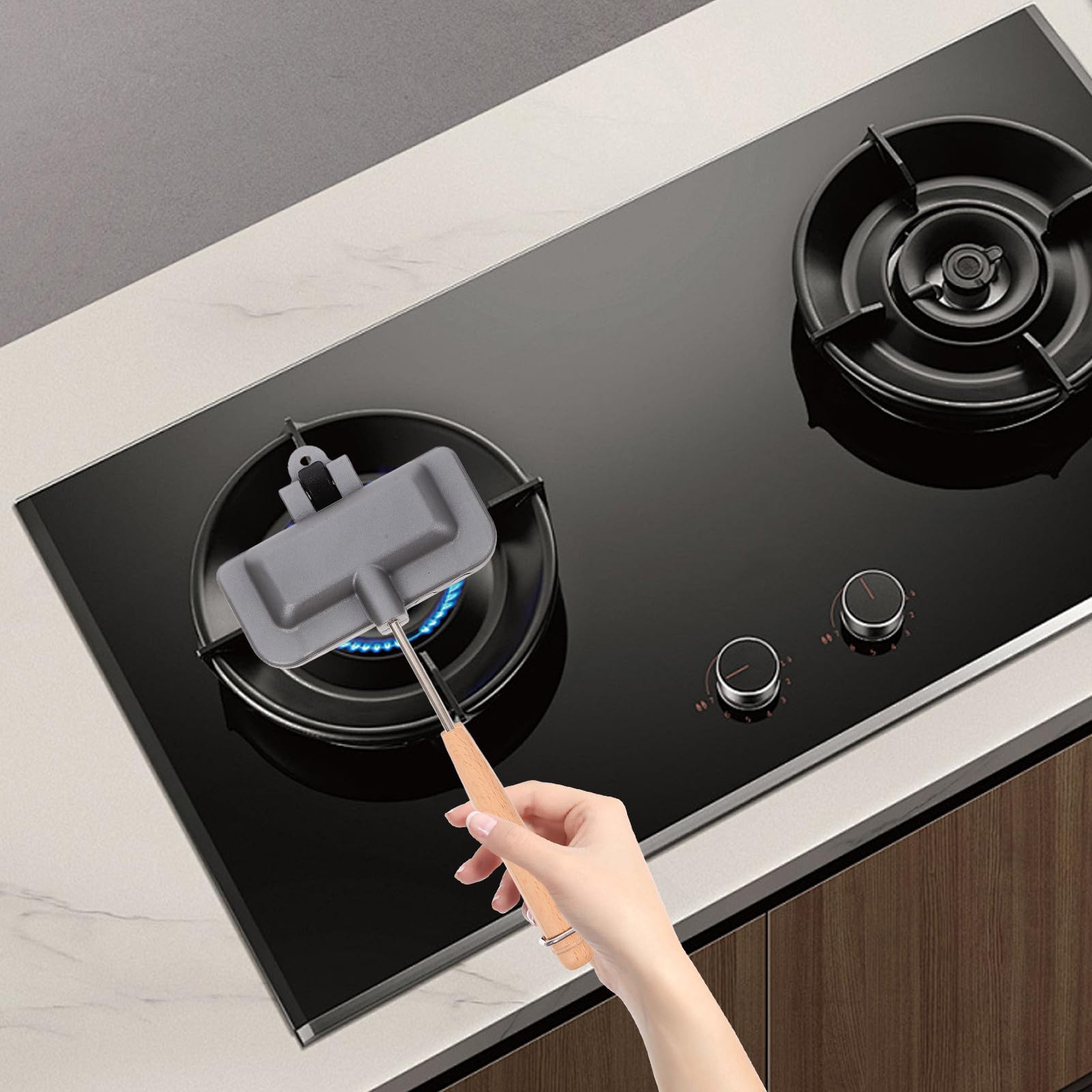 NUOBESTY Padella per Panini Rivestimento Antiaderente in Lega di Alluminio e Manico in Legno in Cucina per Preparare Dessert e Steak