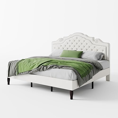 Miniatura 40 de SHA CERLIN Base de cama Queen con cabecera ajustable, tapizado de terciopelo, botón de diamante y tachuelas de metal, no necesita somier, soporte de