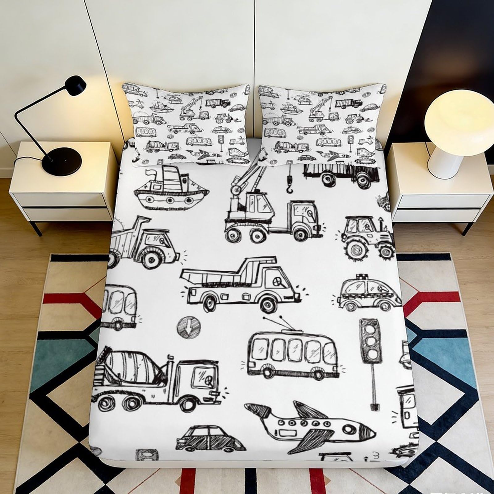 3D Printed Cartoon Vehicle Fitted Sheet Microfiber Soft Breathable Traffic Pattern Bed Cover for Bedroom Dorm Room Mattress Protector 90x200x25cm
