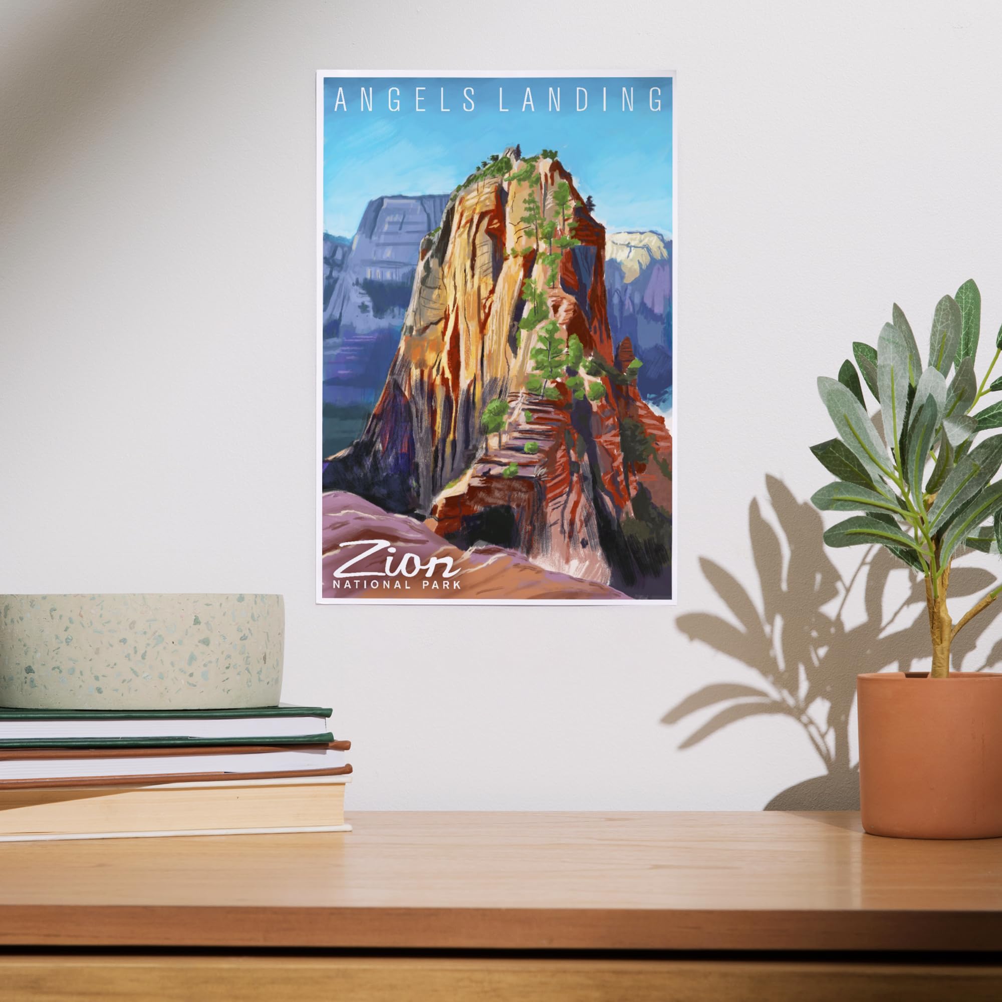 【大判】イアン・ラムジー『Columbia Landing』額入りアートプリント Amazon.com: Lantern Press Zion National Park, Utah, Angels Landing