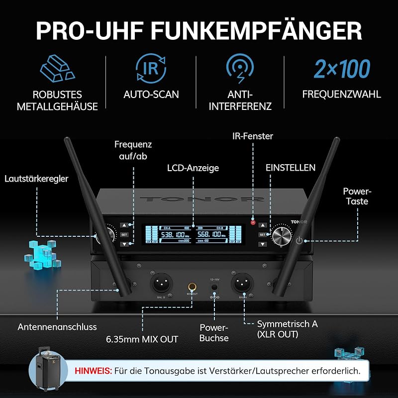 TONOR TW550 Vezeték Nélküli Újratölthető Mikrofon Szett, 2 Mikrofonnal, 80m Hatótáv, Auto Scan, 6.35/3.5mm, Karaoke, DJ, Rendezvény