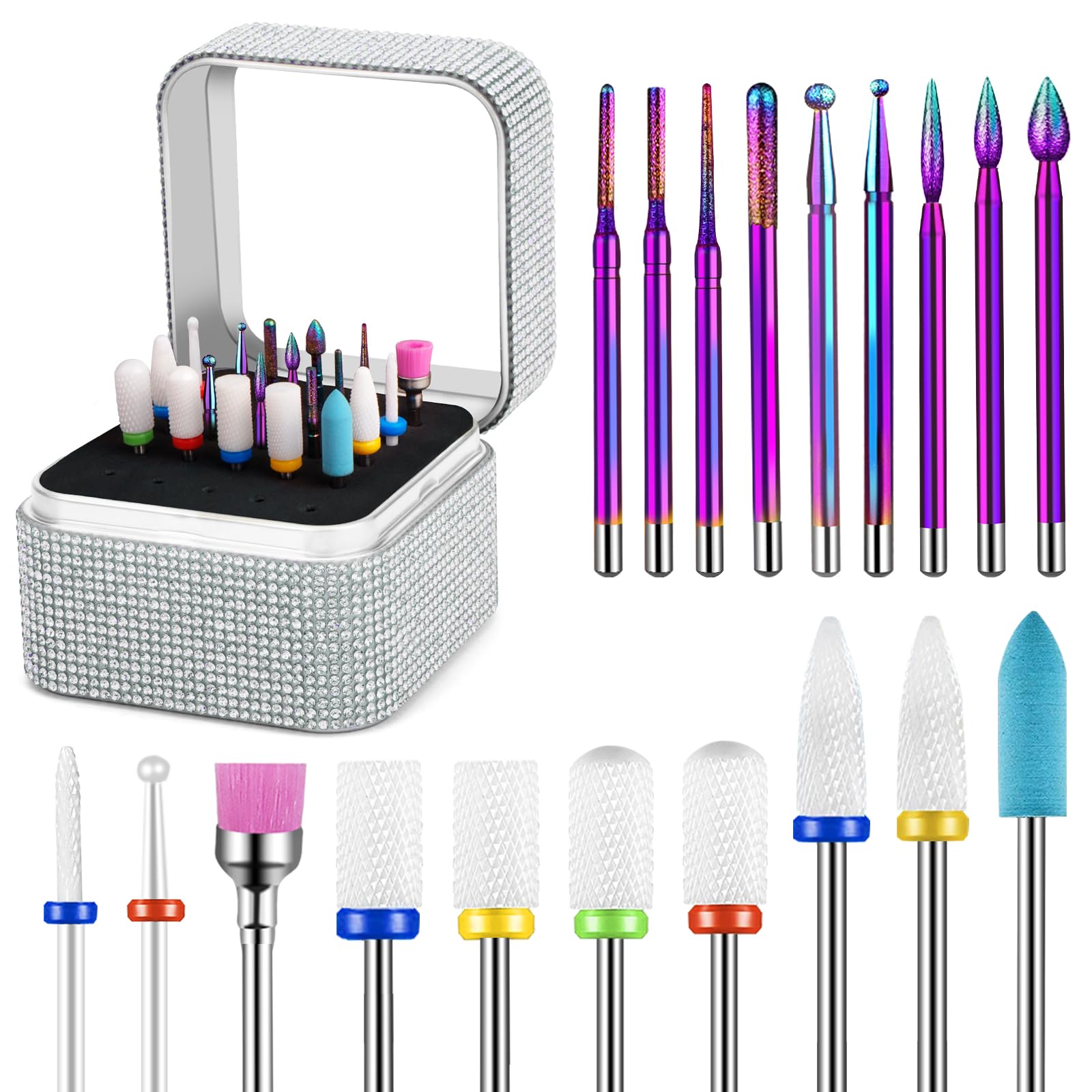 Cellentool 19Pcs Nail Drill Bits Set with Storage Box, 3/32 Inch Tungsten Ceramic Diamond Carbide Nail Drill Bits for Acrylic Nails Gel Polish, Cuticle Efile Remover Bits for Manicure Pedicure