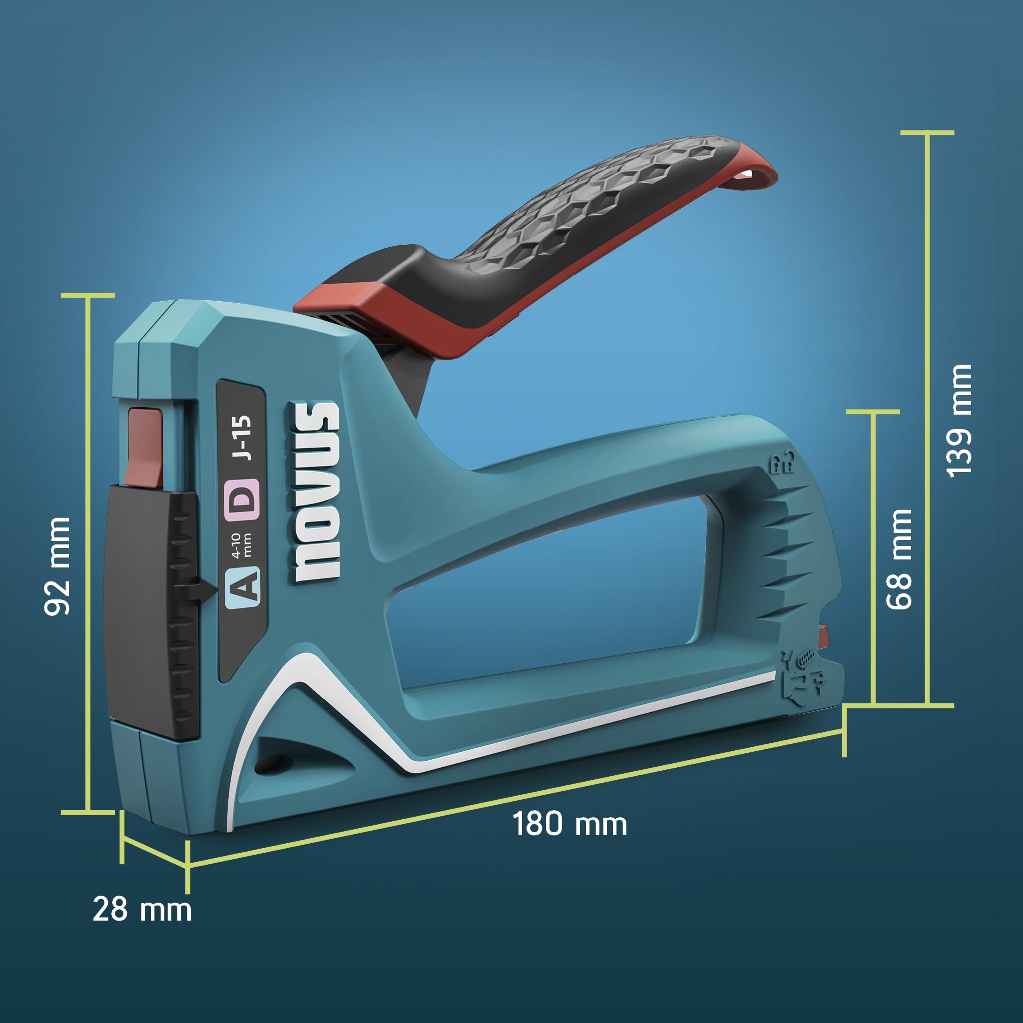 NOVUS TOOLS Handtacker J-15 Set mit 1800 Klammern │ 2-in-1 Tacker für Holz, Stoffe und Folien mit ABS-Kunststoffgehäuse │ Für Feindraht- und Flachdrahtklammern von 4 bis 10 mm