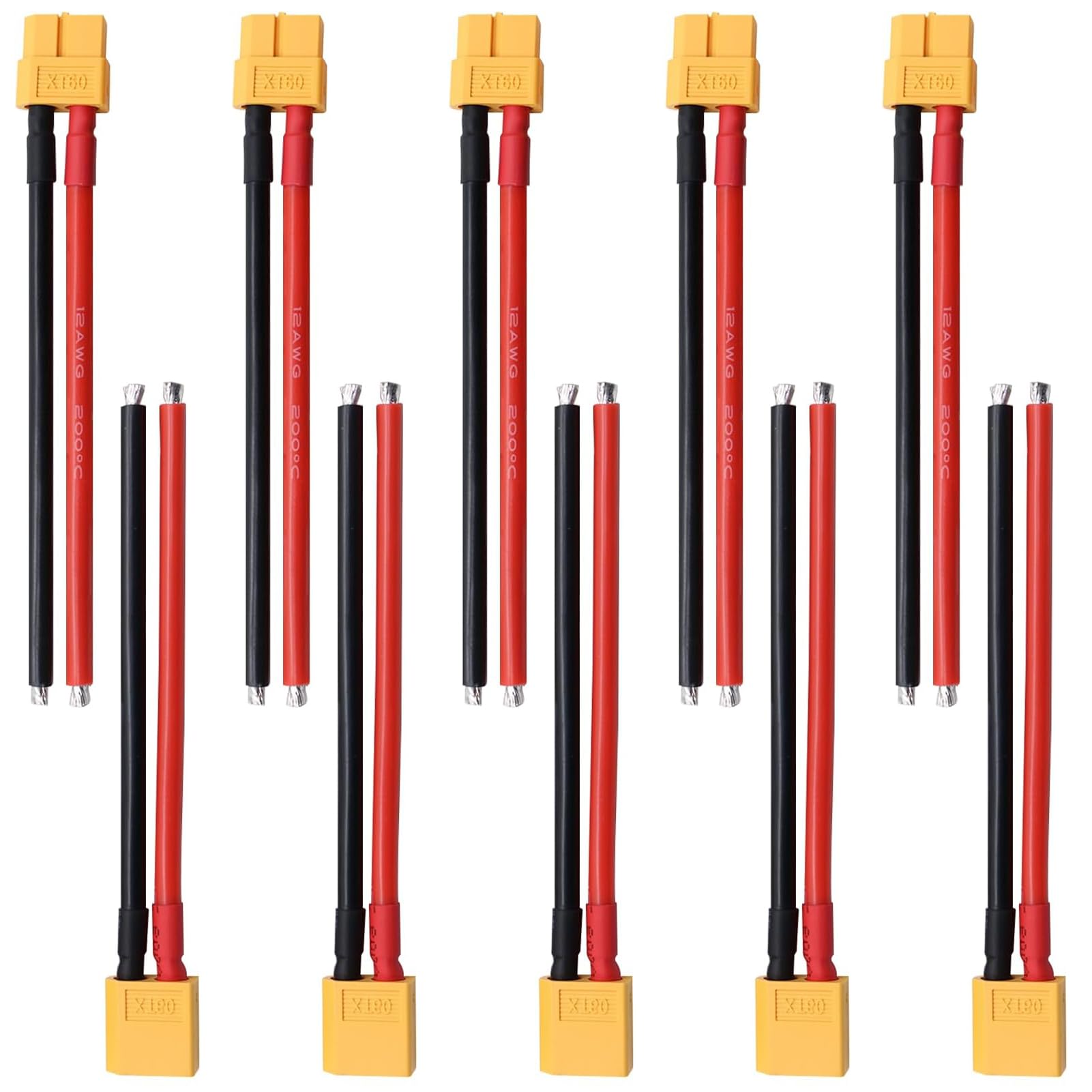 10 PCS XT60 Connector Plug Cable,5 Female and 5 Male XT60 Extension cables with 12AWG Silicon Wire Cables for RC Lipo Battery Connectors Airplane Car Boat,XT60 Connectors(100mm)